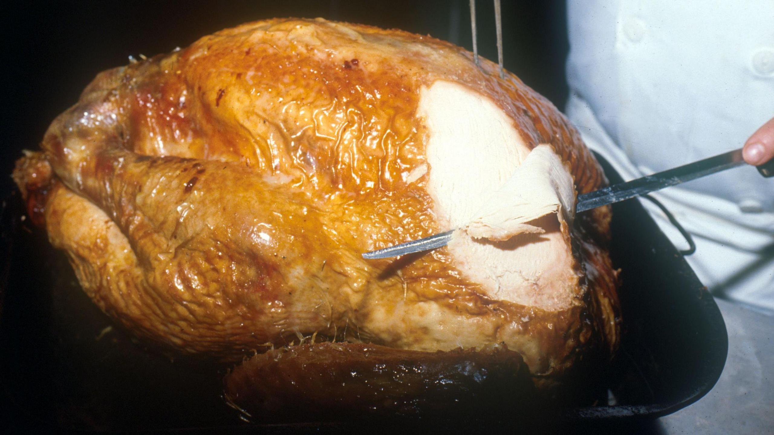 A turkey being carved with a slim metal knife and a pronged fork by a person in a white coat.