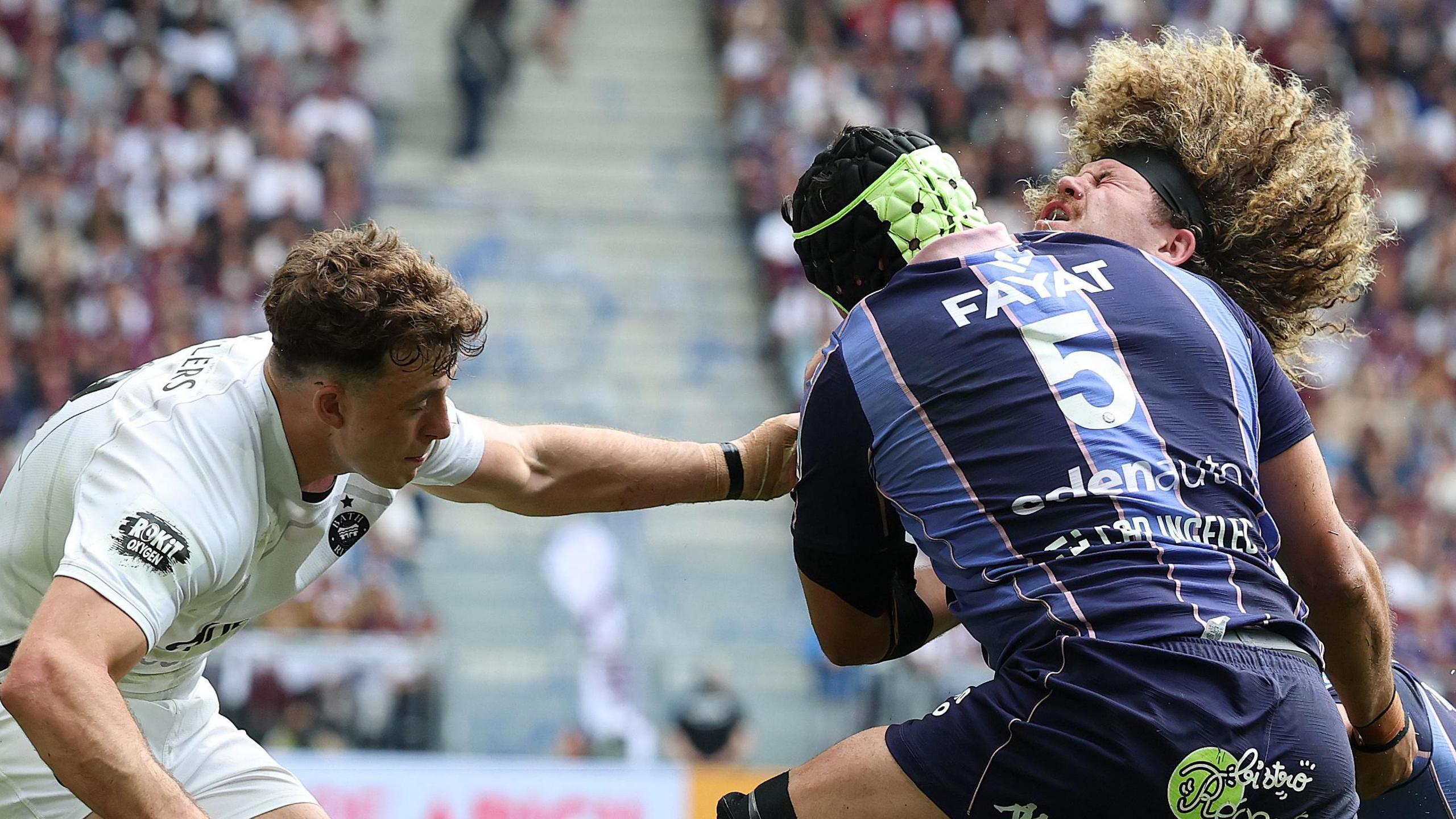 Bath's Alfie Barbeary is tackled by Bordeaux's Adam Coleman