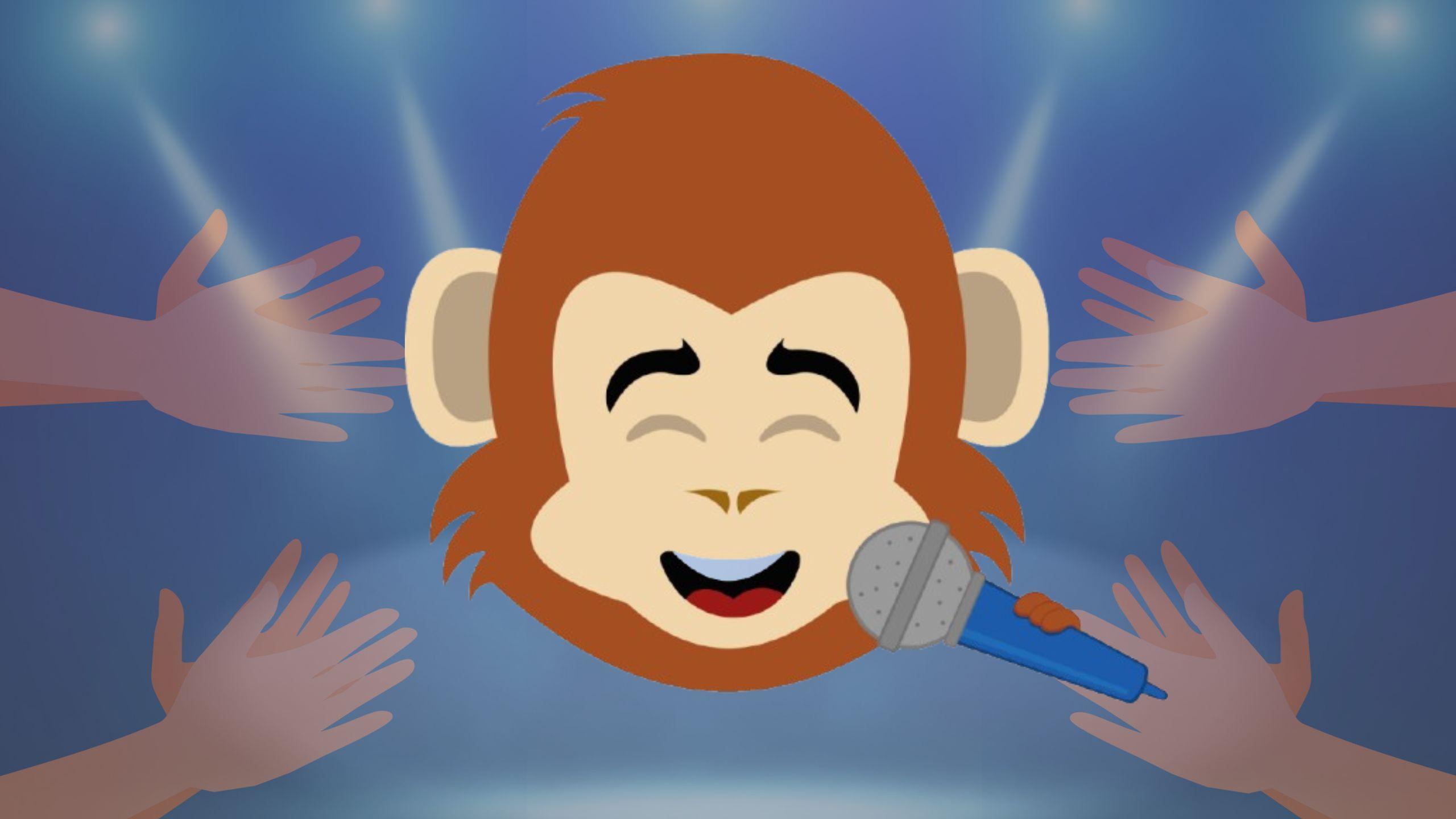 A cartoon chimp sings into a microphone and cartoon hands applaud them. 