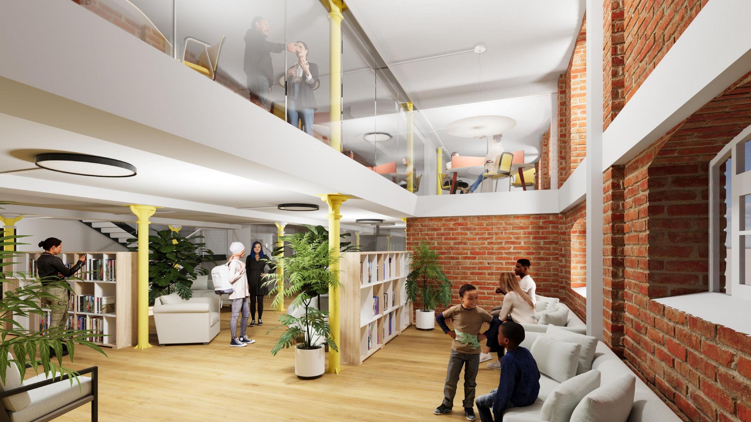 A computer-generated image of young people inside a brick building with a mezzanine floor containing a library and sofas underneath. 