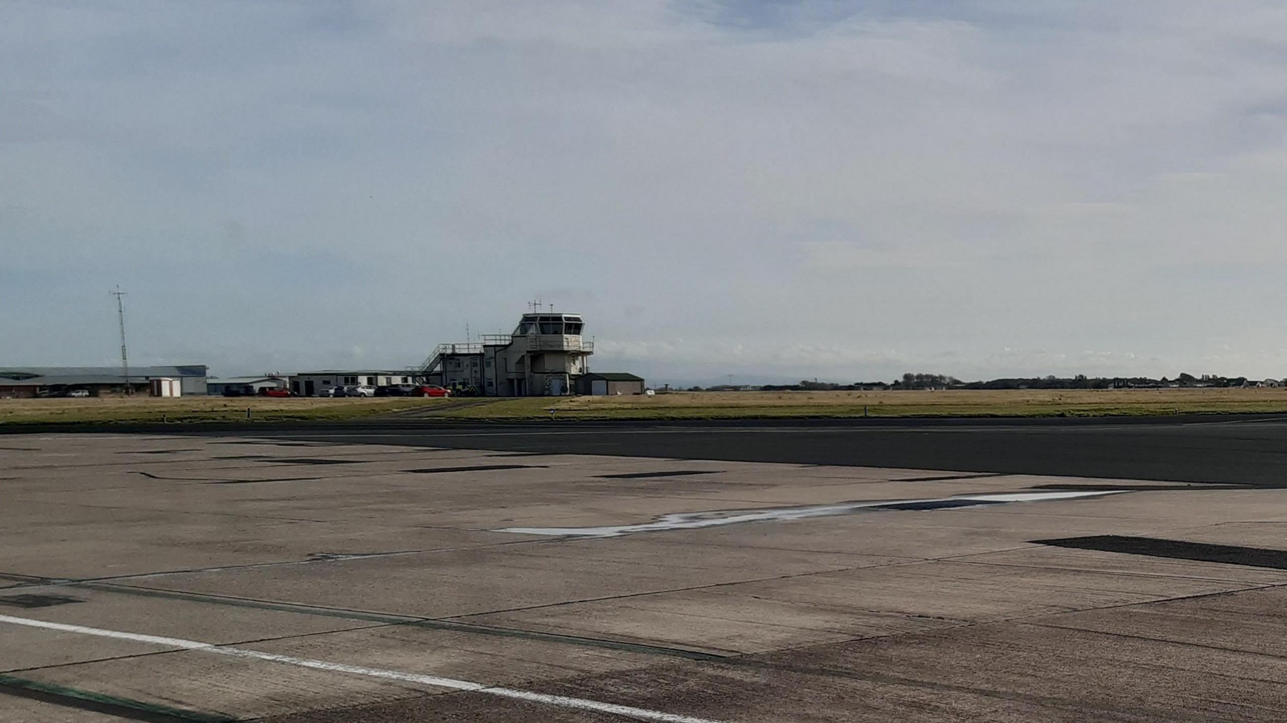 Blackpool Airport runway showing the control tower in the background