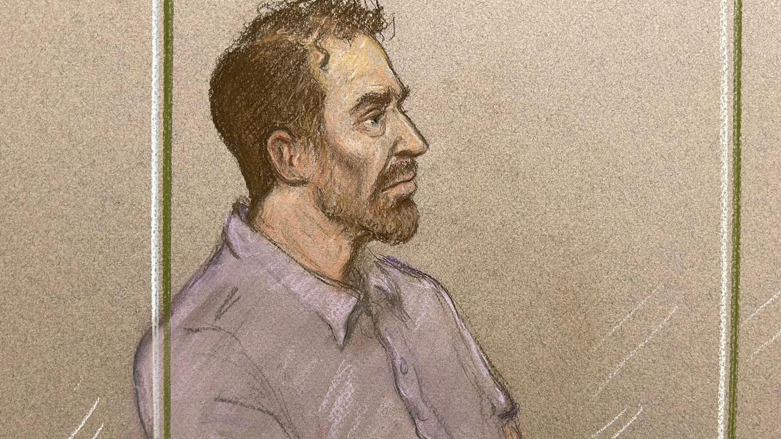 A court artist's sketch of a man in a short sleeved shirt with brown hair and a short beard, looking to the right.