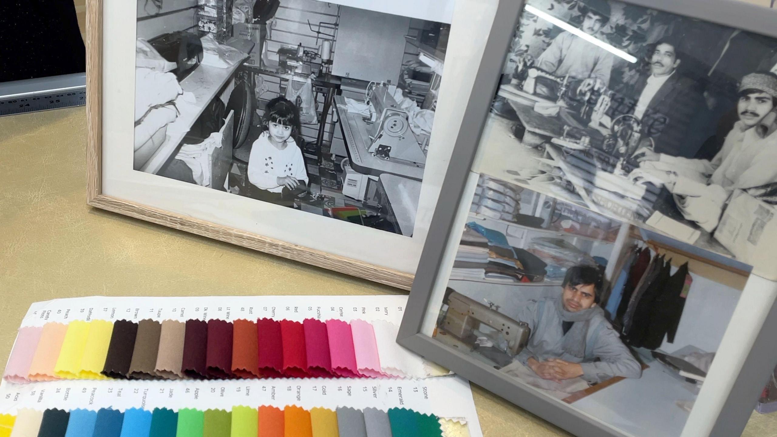 Photograph from the 80s of Barker's daughterin his store (left), Barket and his tailors (top right) and his in his shop in Pakistan (bottom right)