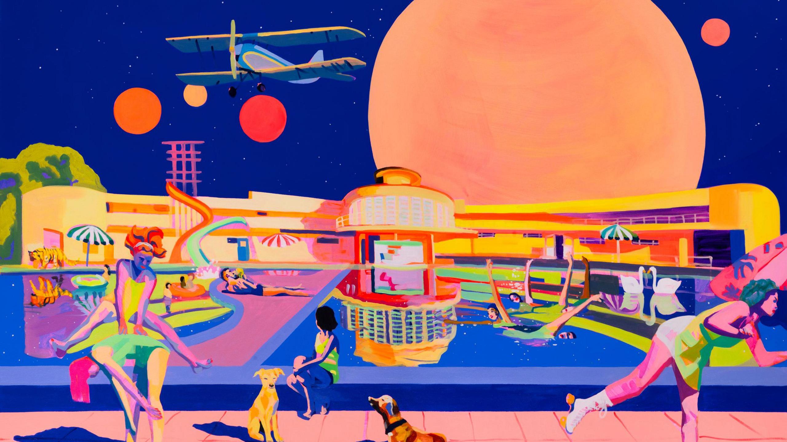 A brightly coloured artwork with a huge moon and aeroplane in the background. People swimming in the lido in the foreground a roller skater, a dog and people playing leapfrog.