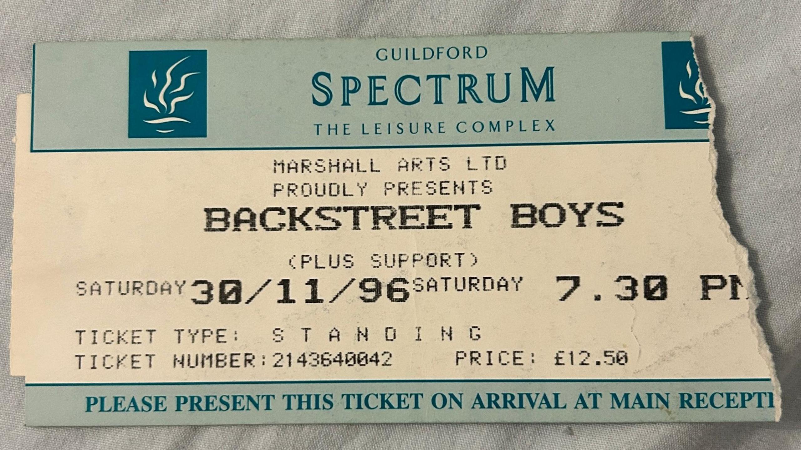 A ticket for the Backstreet Boys show which has the Guildford Spectrum name and logo at the top, a date of 30th November 1996 and a start time of 19:30. It is priced at £12.50 and is a standing ticket