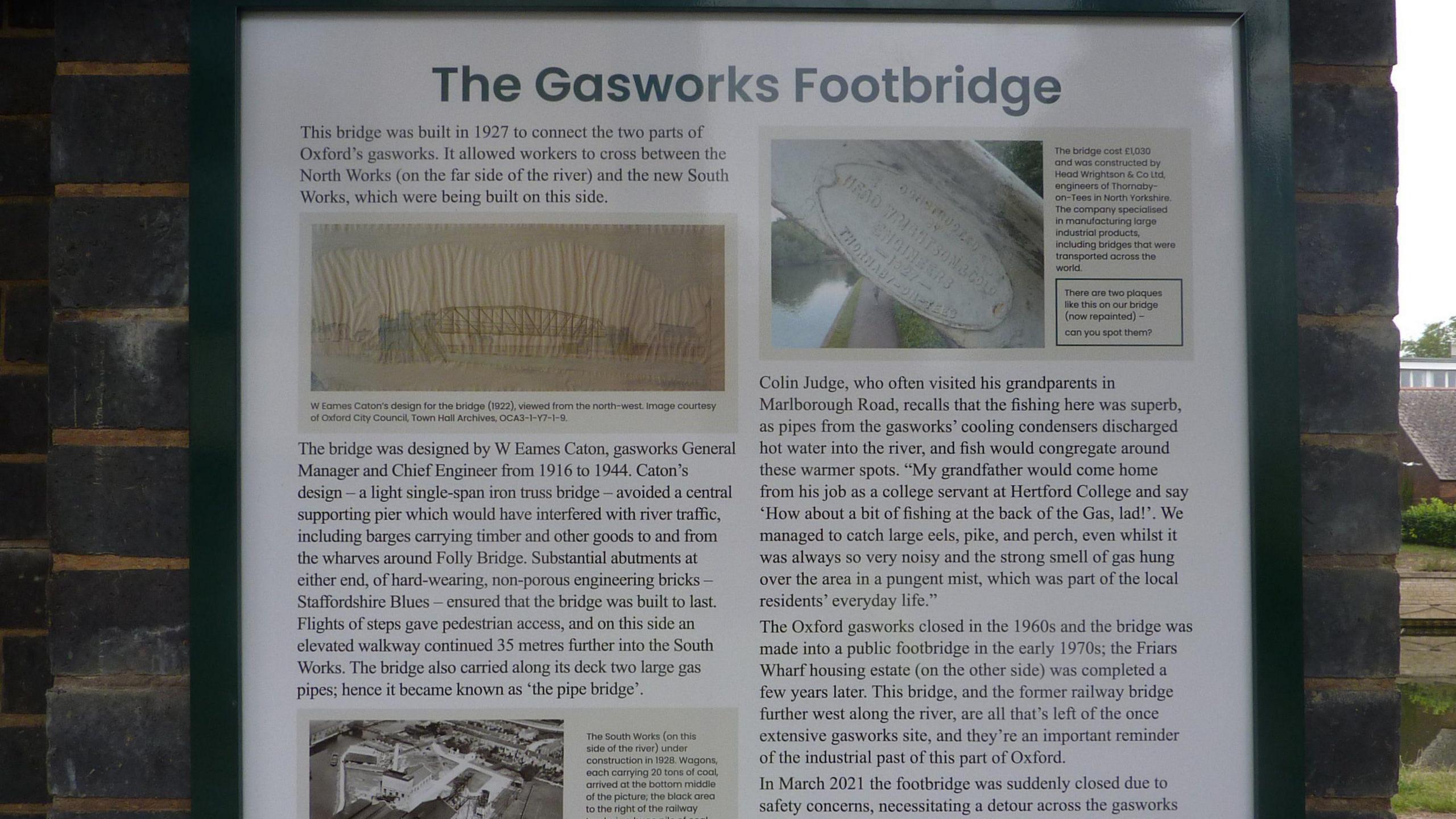 A close up of Gasworks Pipe Bridge southern history board