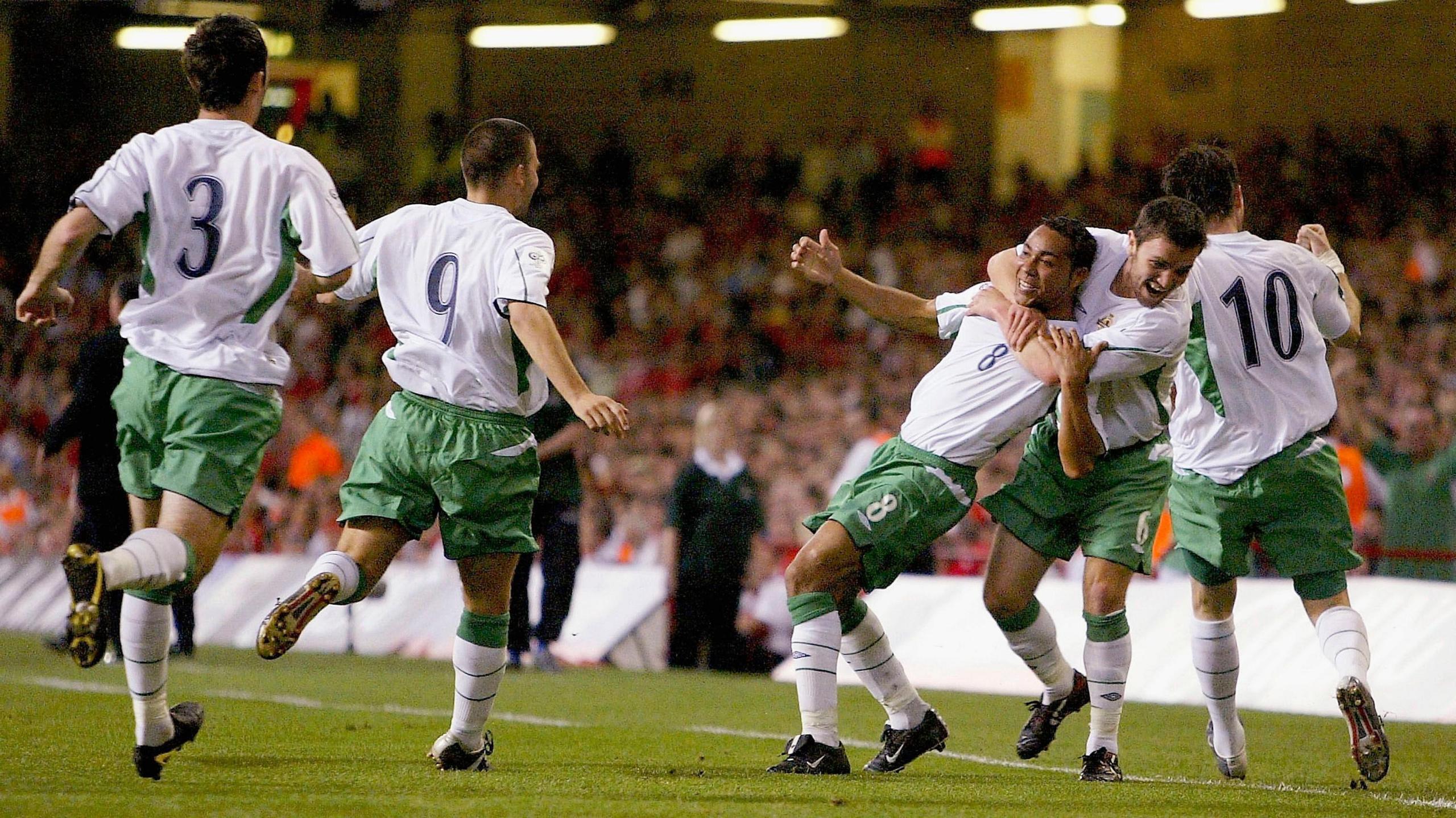 Jeff Whitley celebrates his goal against Wales