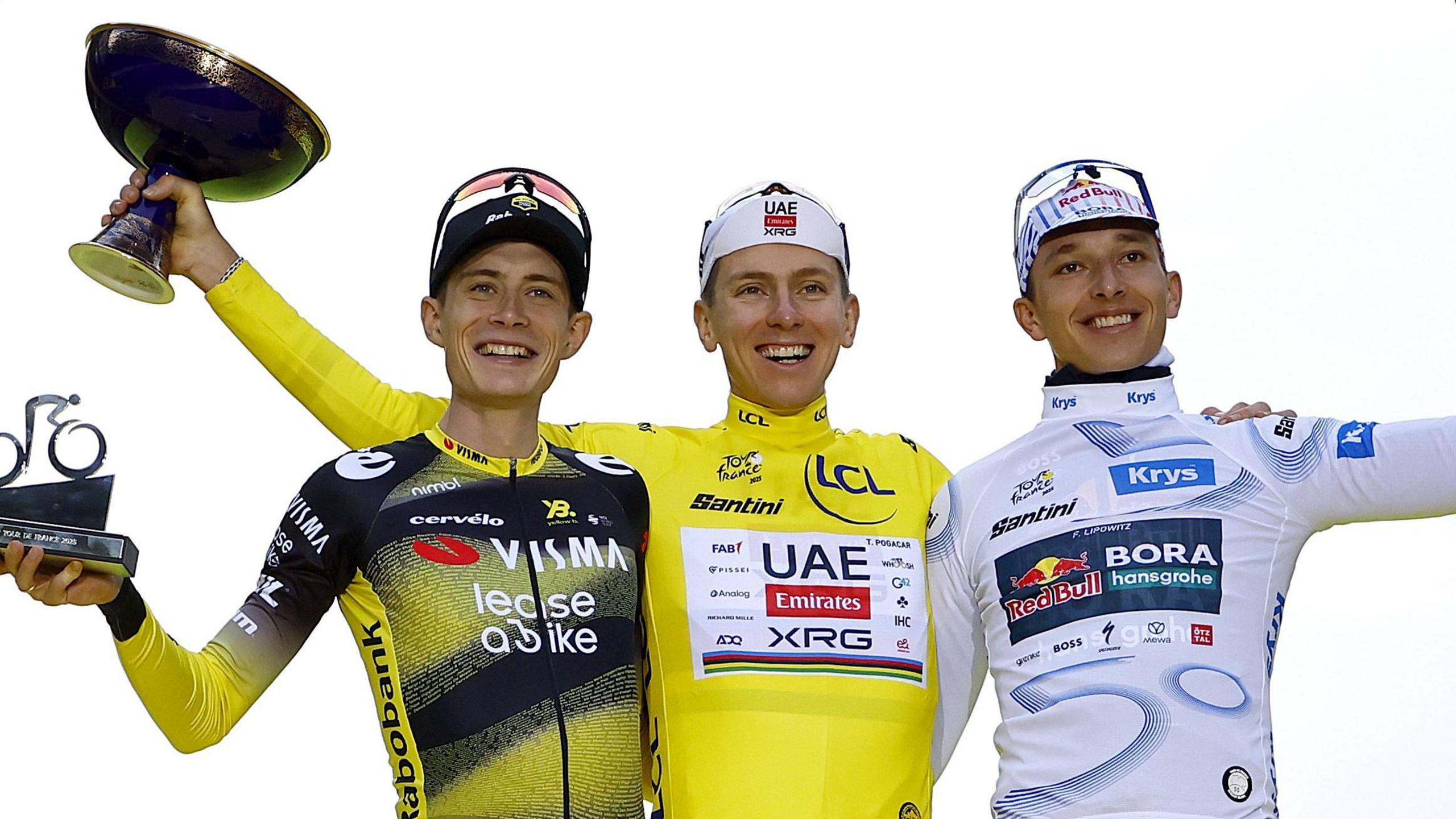 Jonas Vingegaard, Tadej Pogacar and Florian Lipowitz on the podium after the 2025 Tour de France