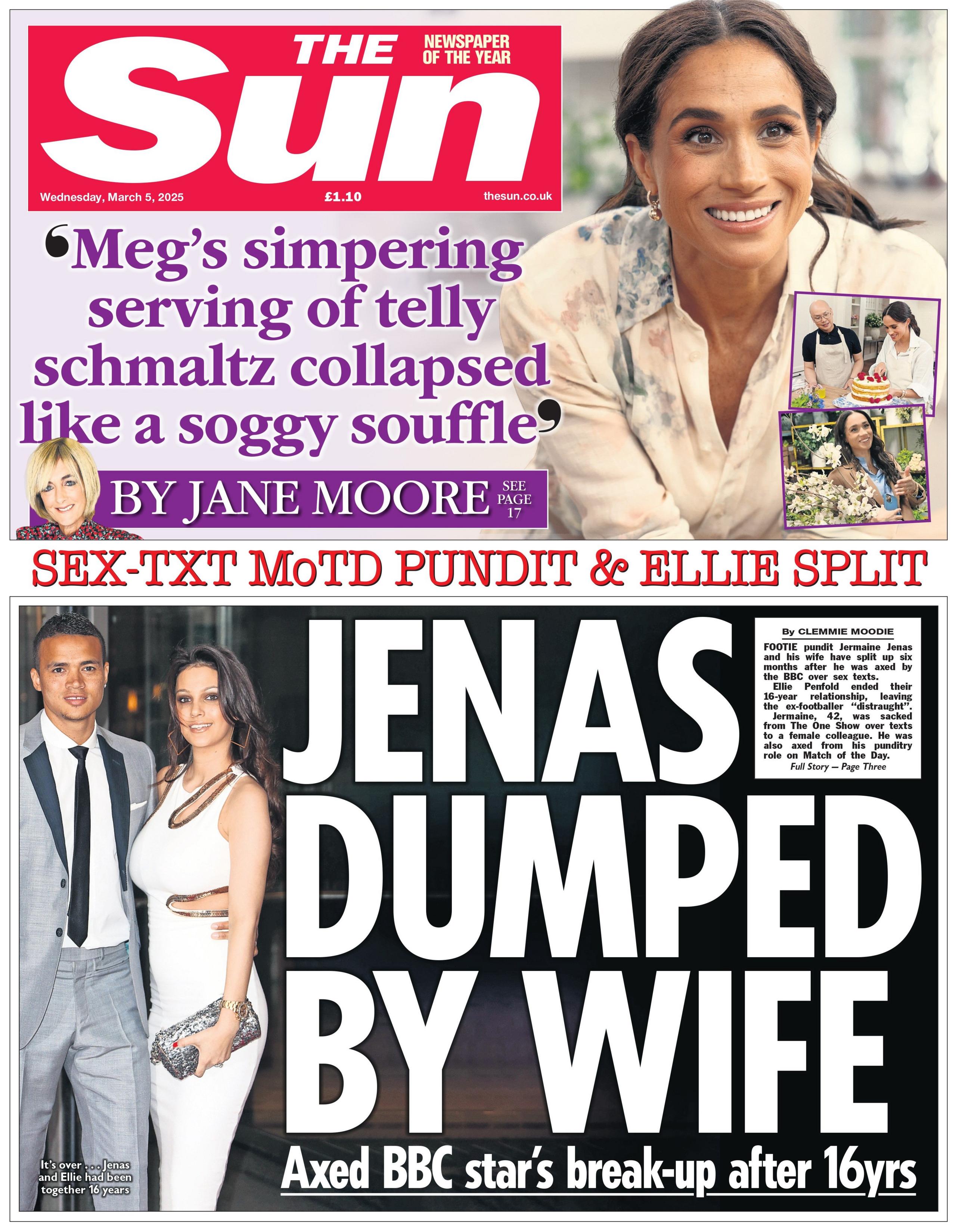 The headline on the front page of the Sun reads: "Jenas dumped by wife."