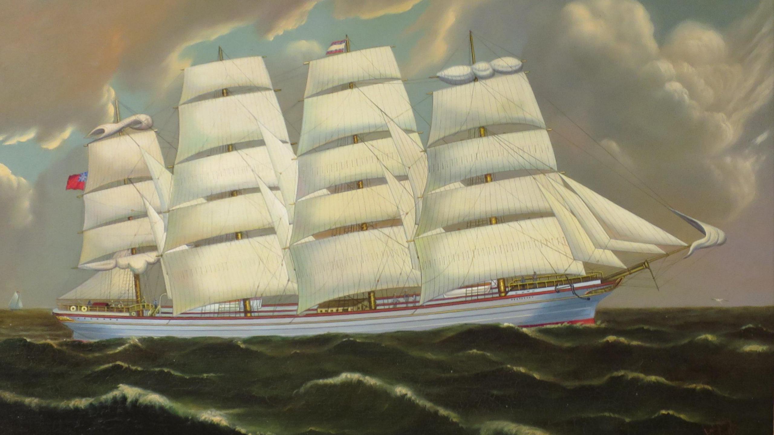 An oil painting white painted sailing ship in full sail with four masts on a stormy sea