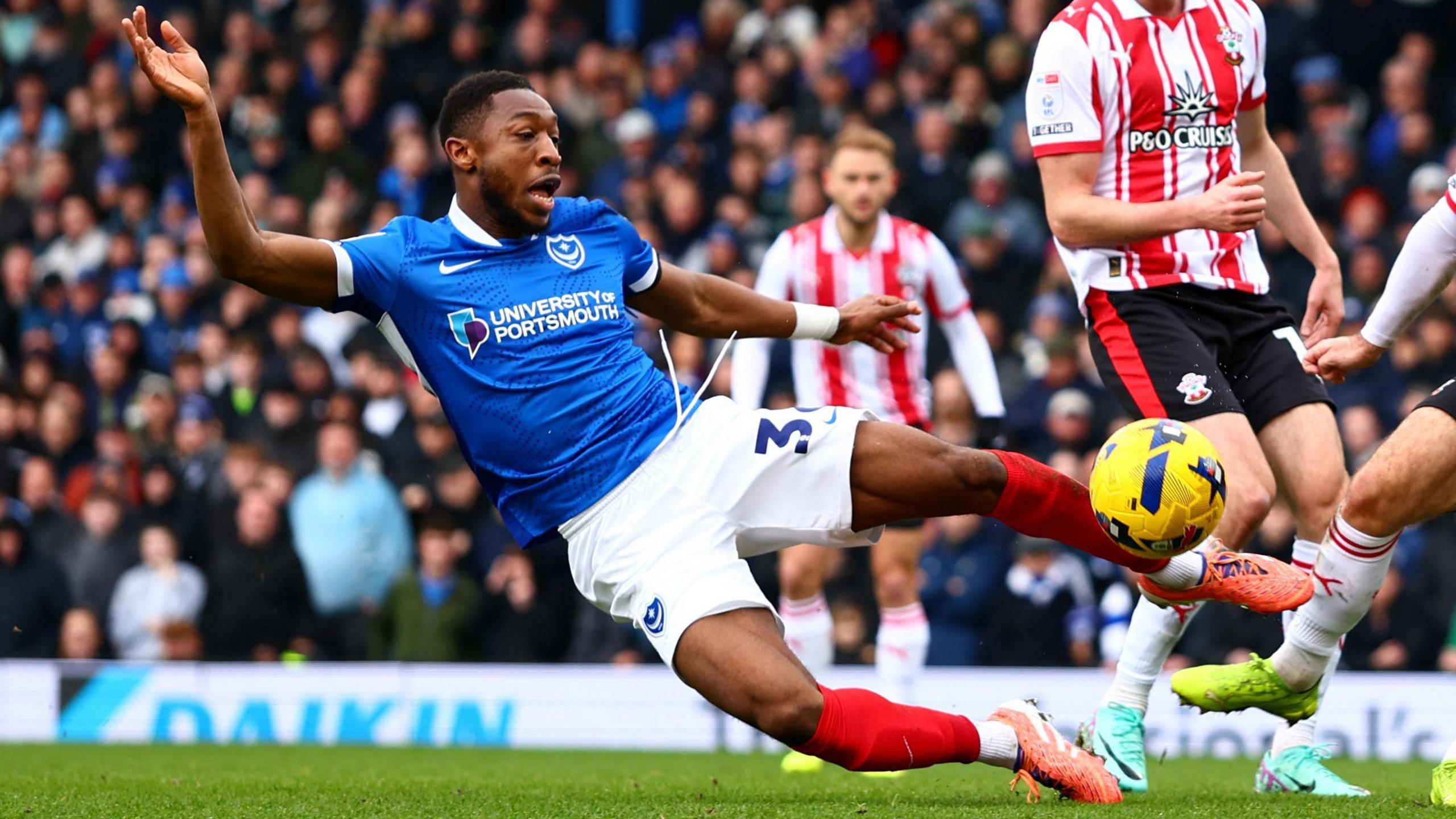 Portsmouth's Ebou Adams challenges for the ball against Southampton