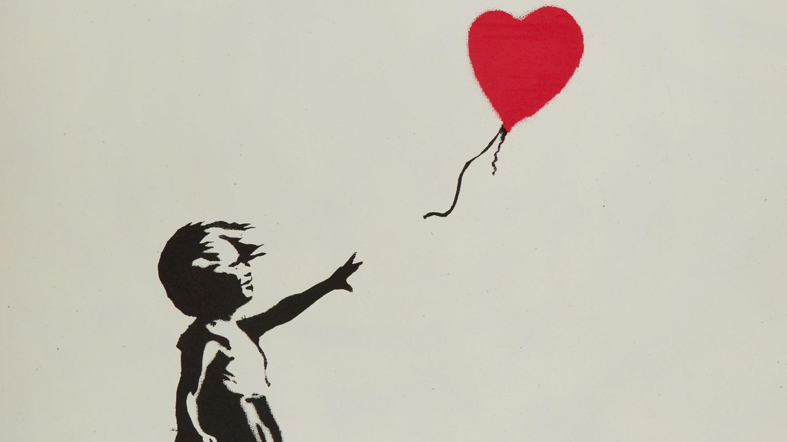 Banksy's Girl With Ballon print. A stencil of a girl letting go of a red heart-shaped baloon.