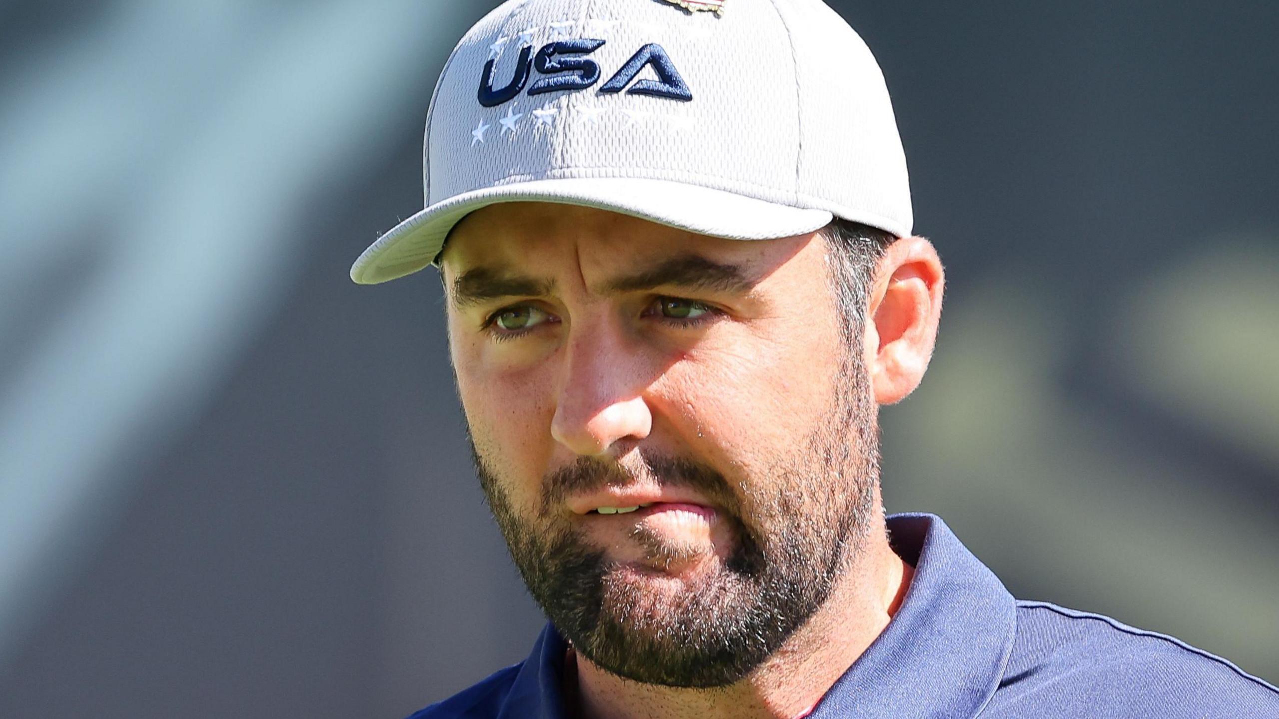 A tense Scottie Scheffler chews his lip during the 2025 Ryder Cup