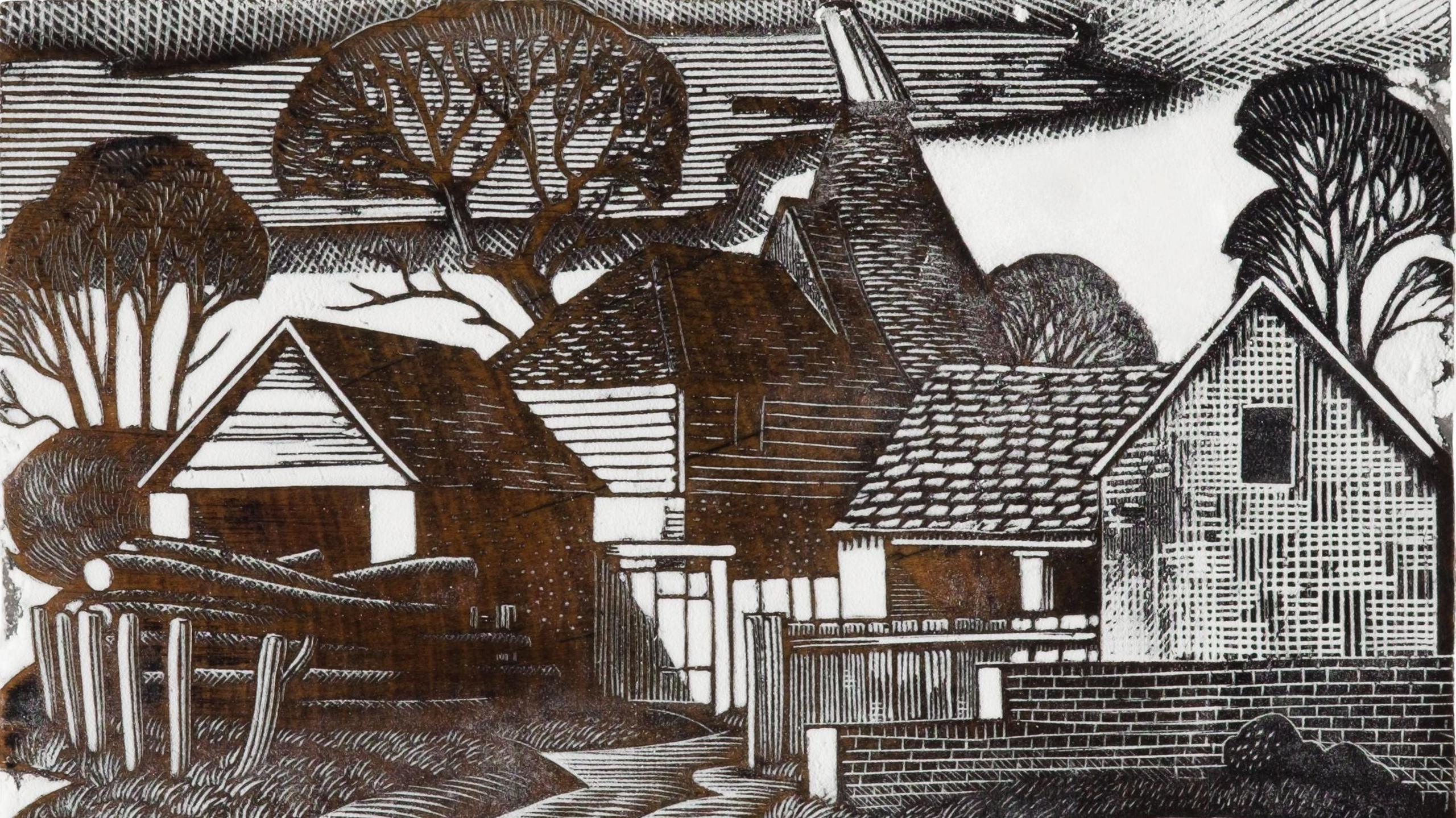 A print of an engraving, depicting a farmhouse and an oast house.