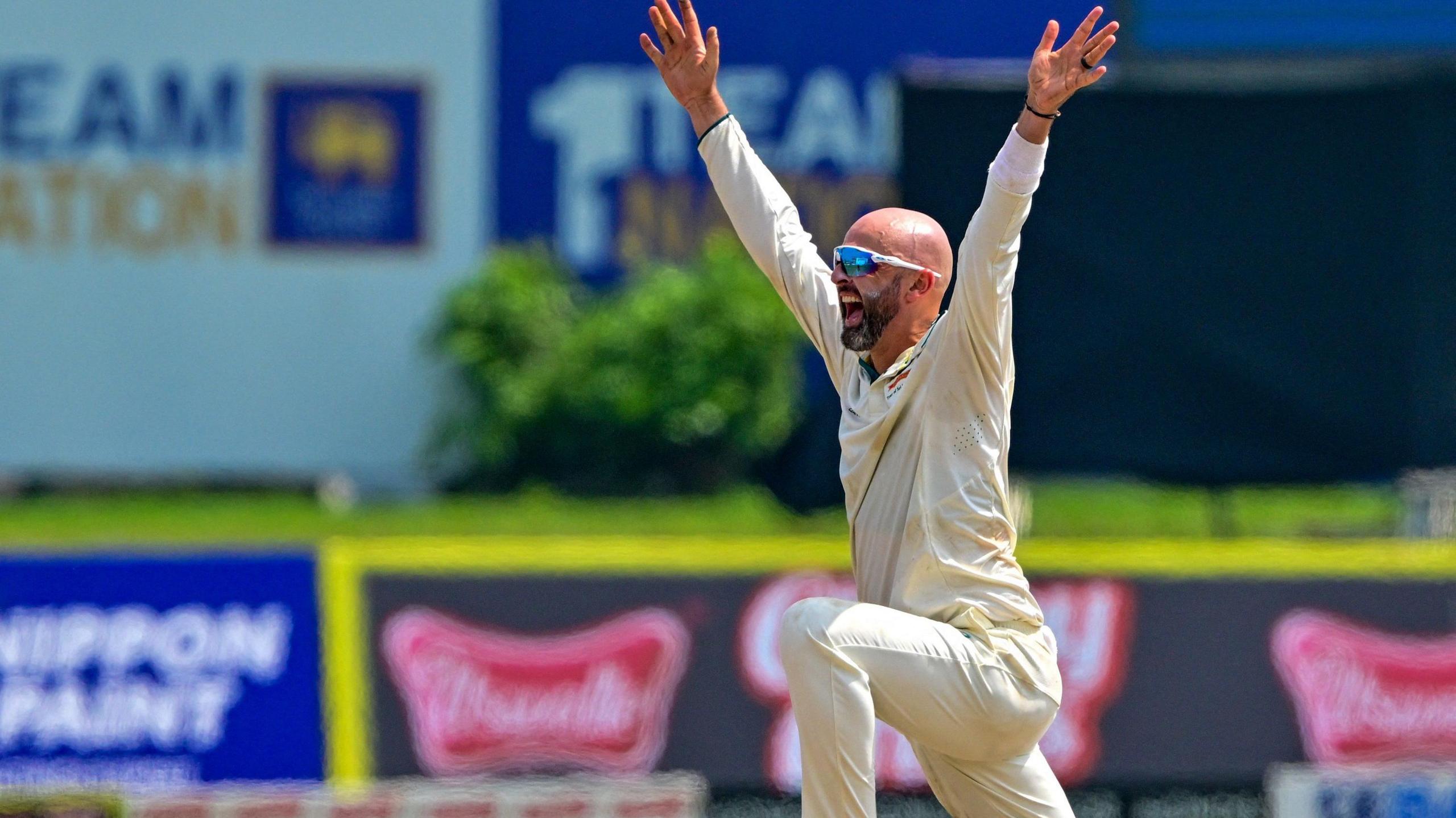 Australia spinner Nathan Lyon celebrates a wicket