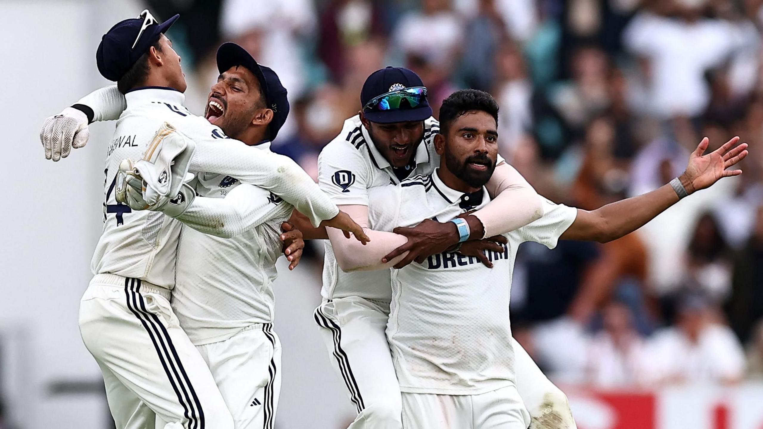 Mohammed Siraj and India celebrate beating England in the fifth Test at The Oval