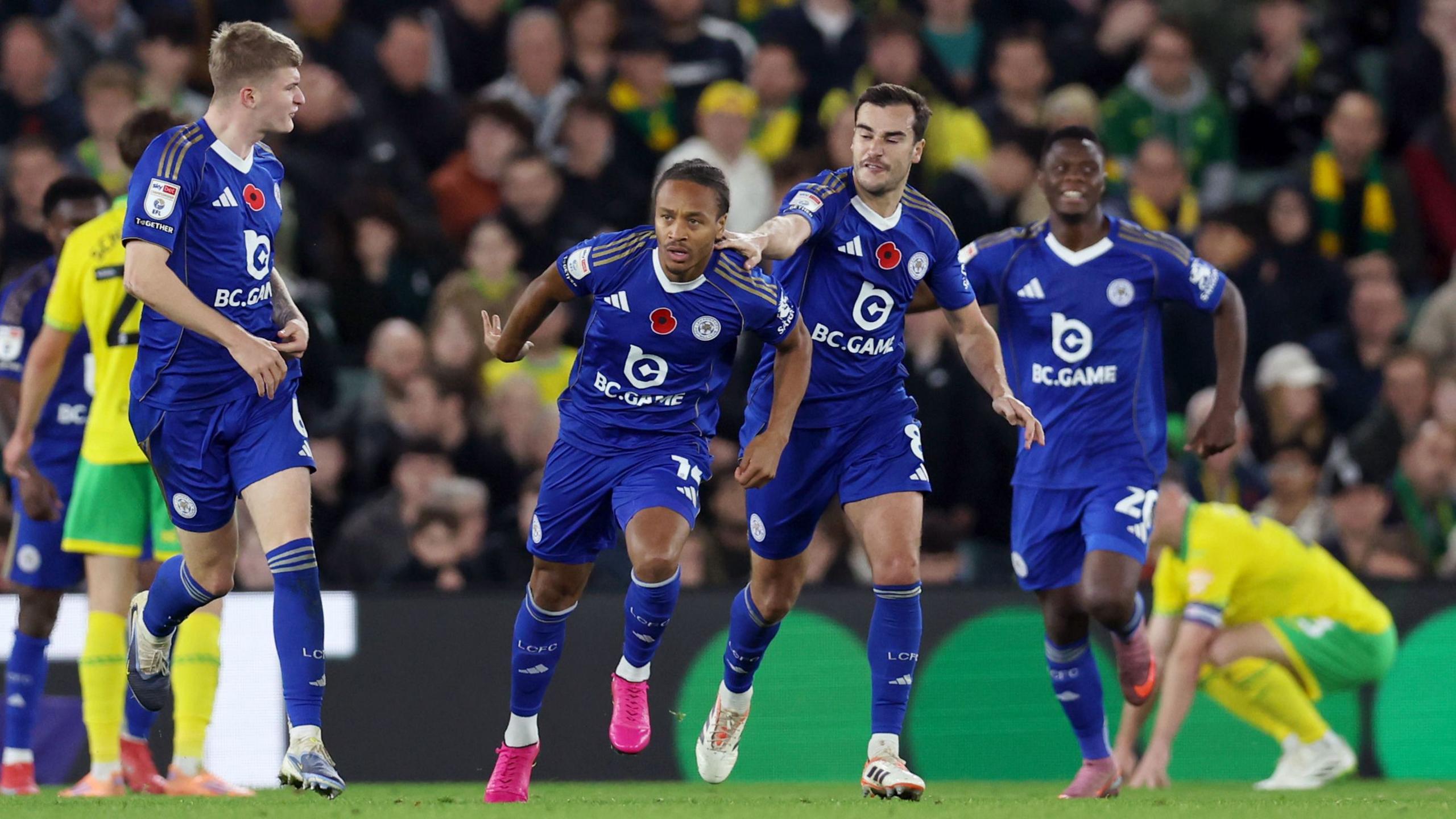 Leicester players celebrate goal against Norwich
