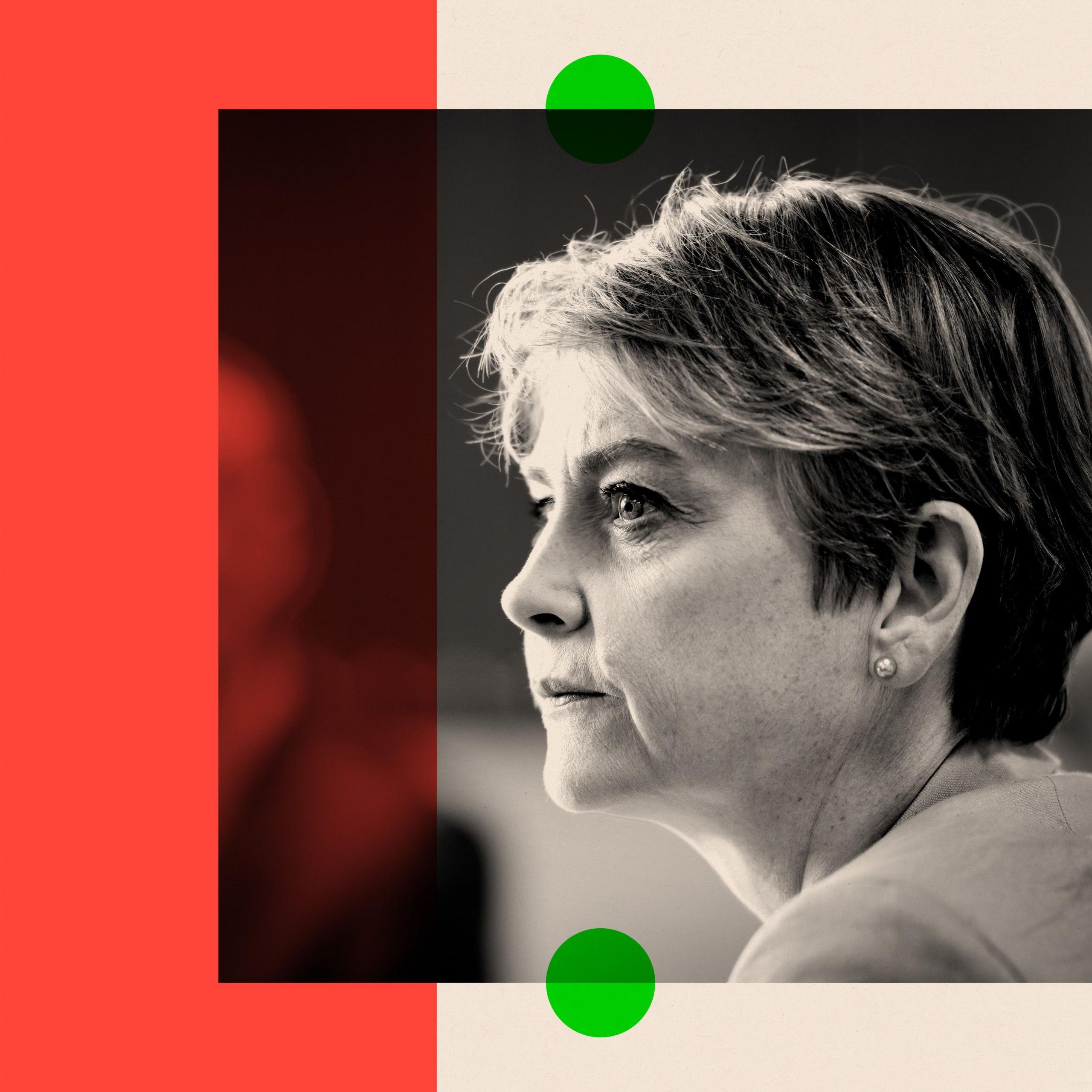 Treated image showing Yvette Cooper in black and white, with a partially red border