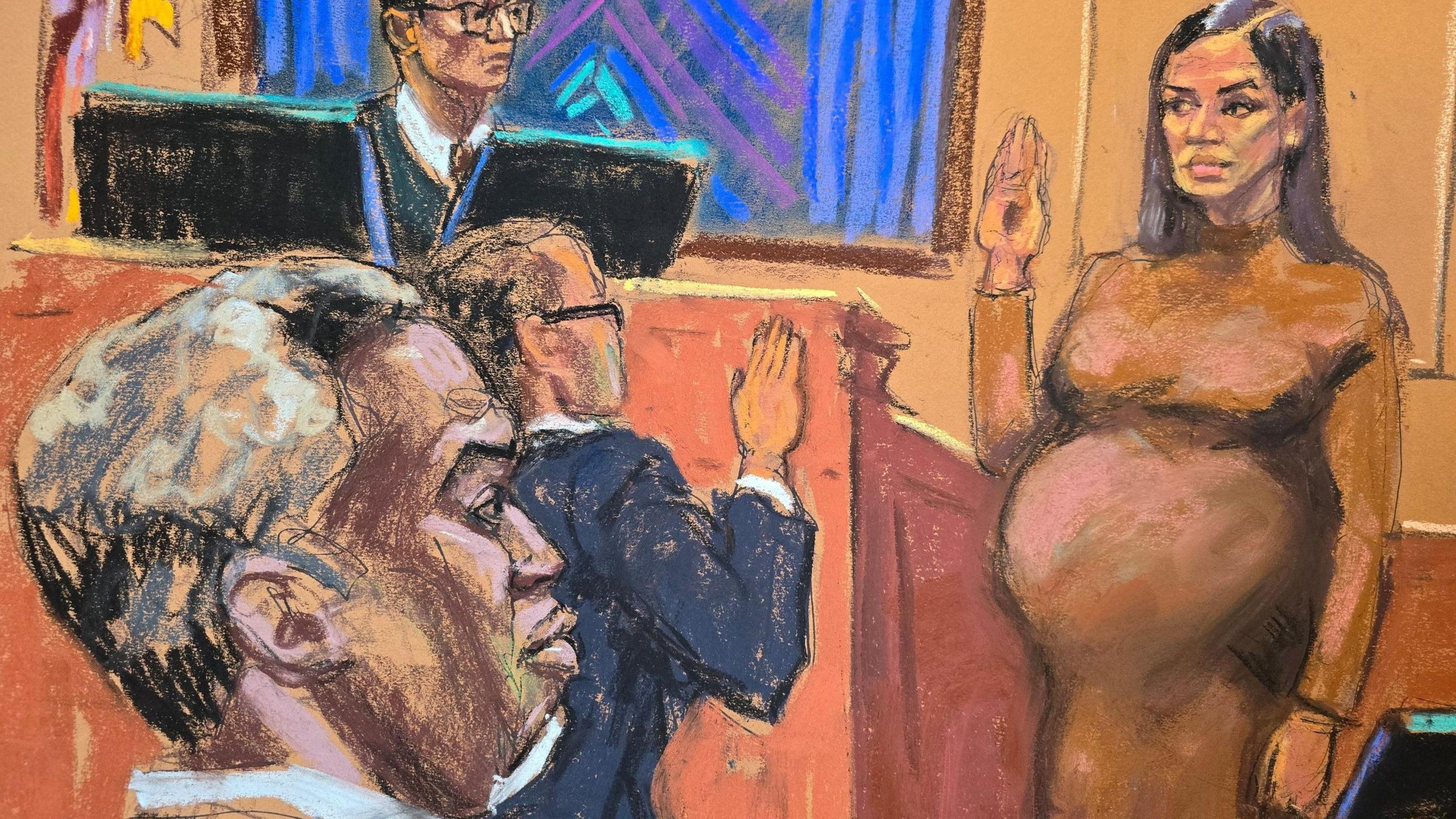 A court sketch shows as Sean "Diddy" Combs watches as his former girlfriend Casandra "Cassie" Ventura is sworn in as a prosecution witness