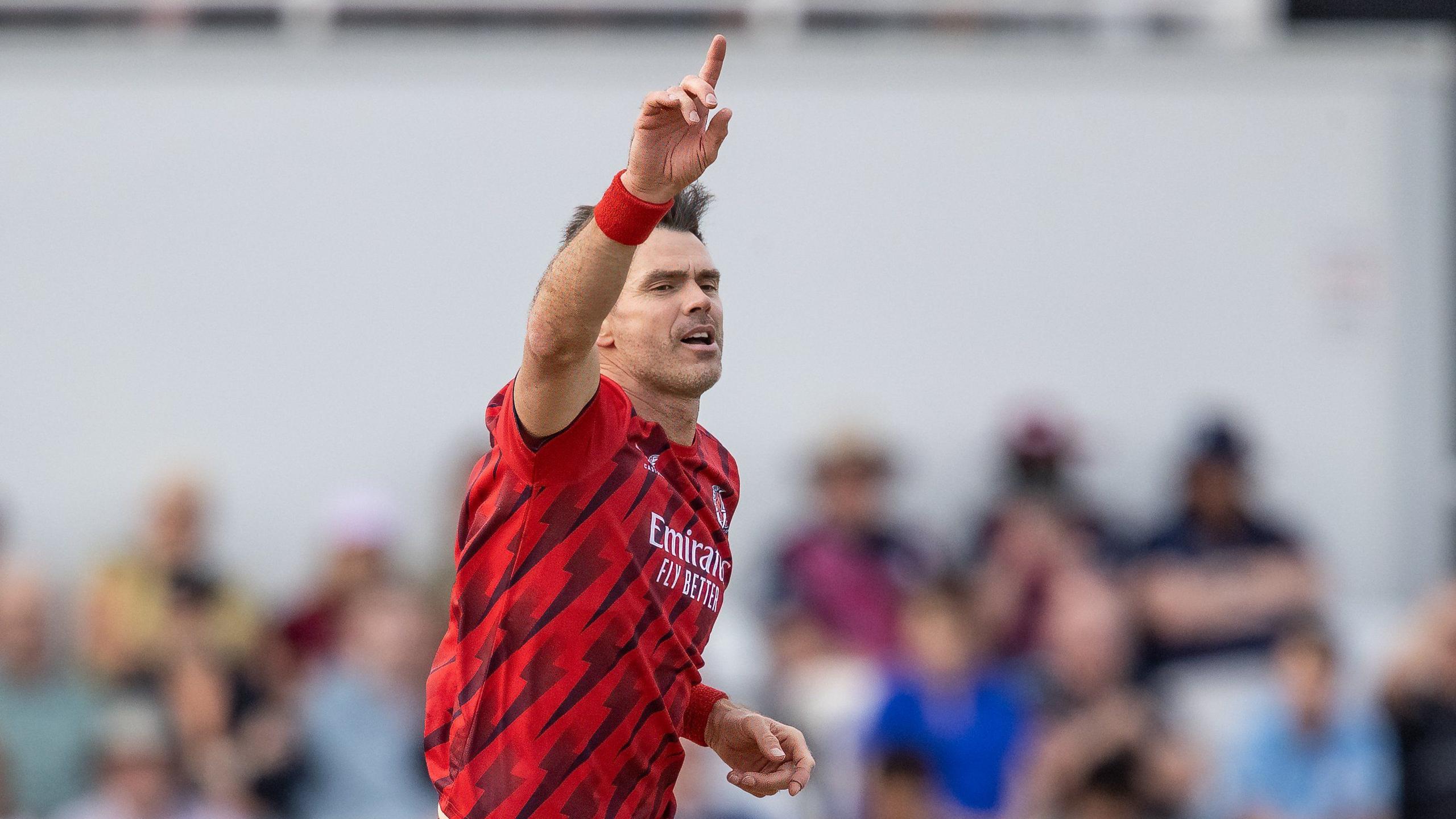 Lancashire bowler James Anderson celebrates taking a wicket in the T20 Blast