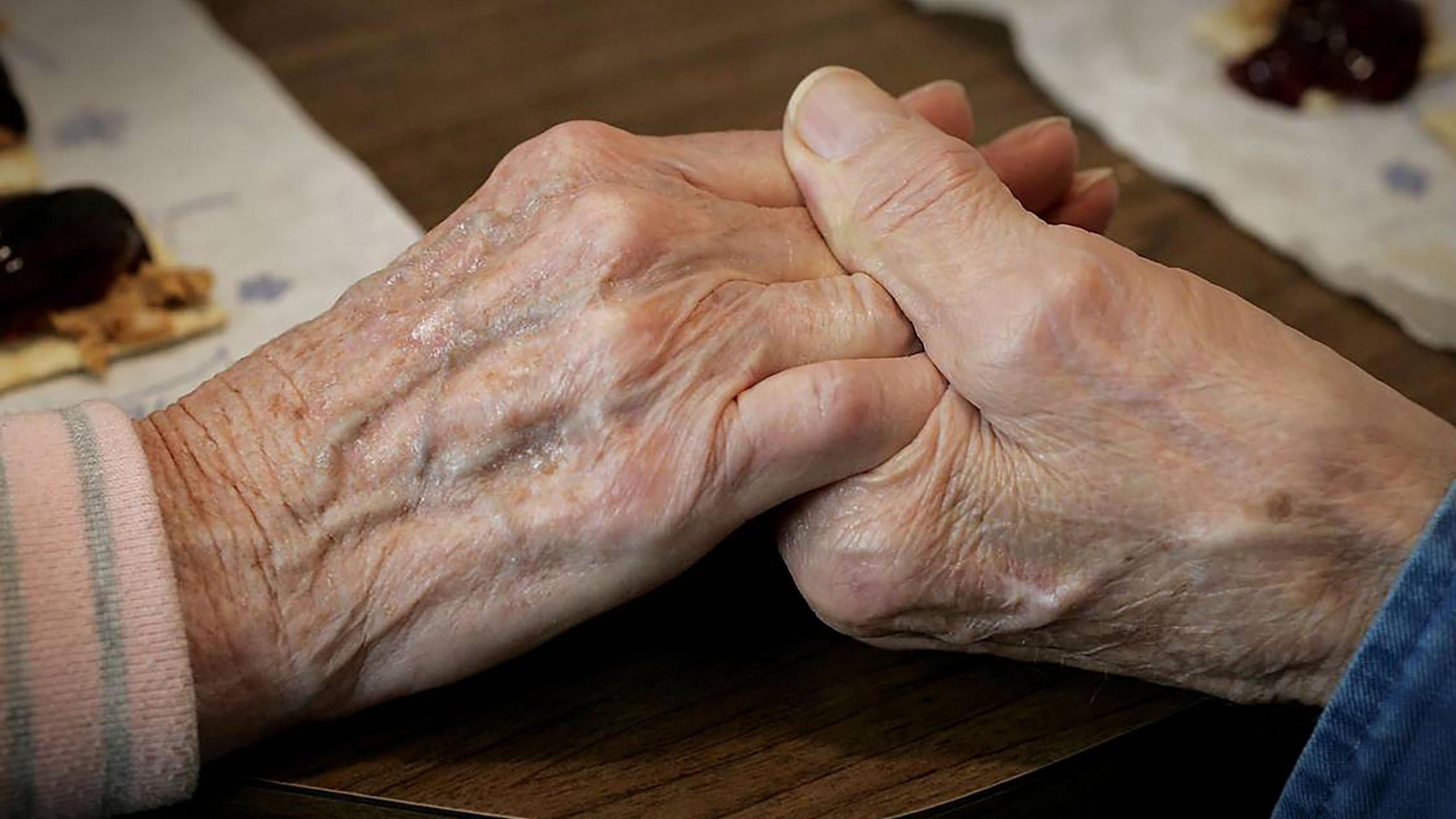 A close up of two hands holding together.  One hand is older than the other.
