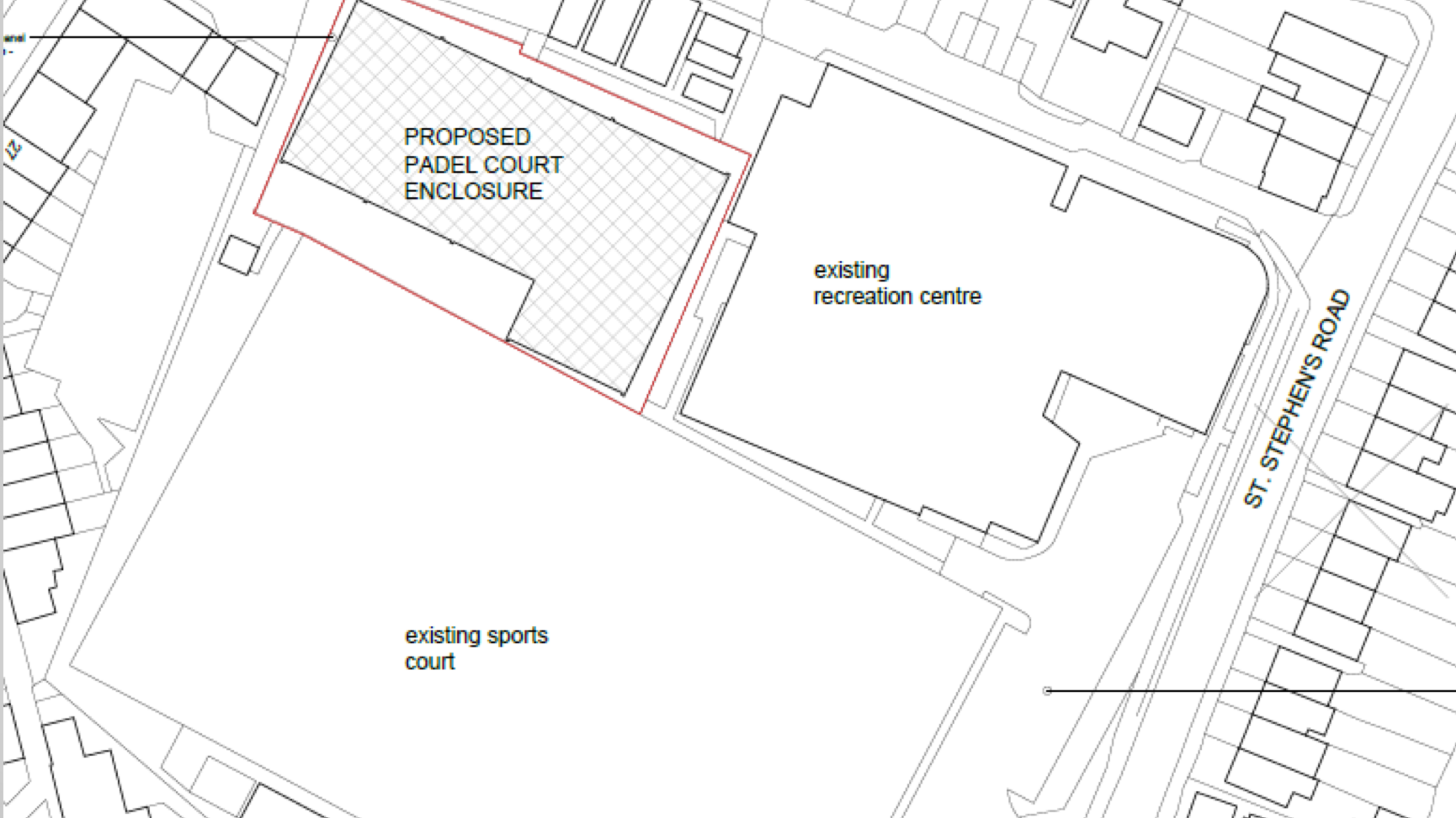 A drawn aerial view of where the proposed padel courts would be in relation to the existing sports court and recreation centre.