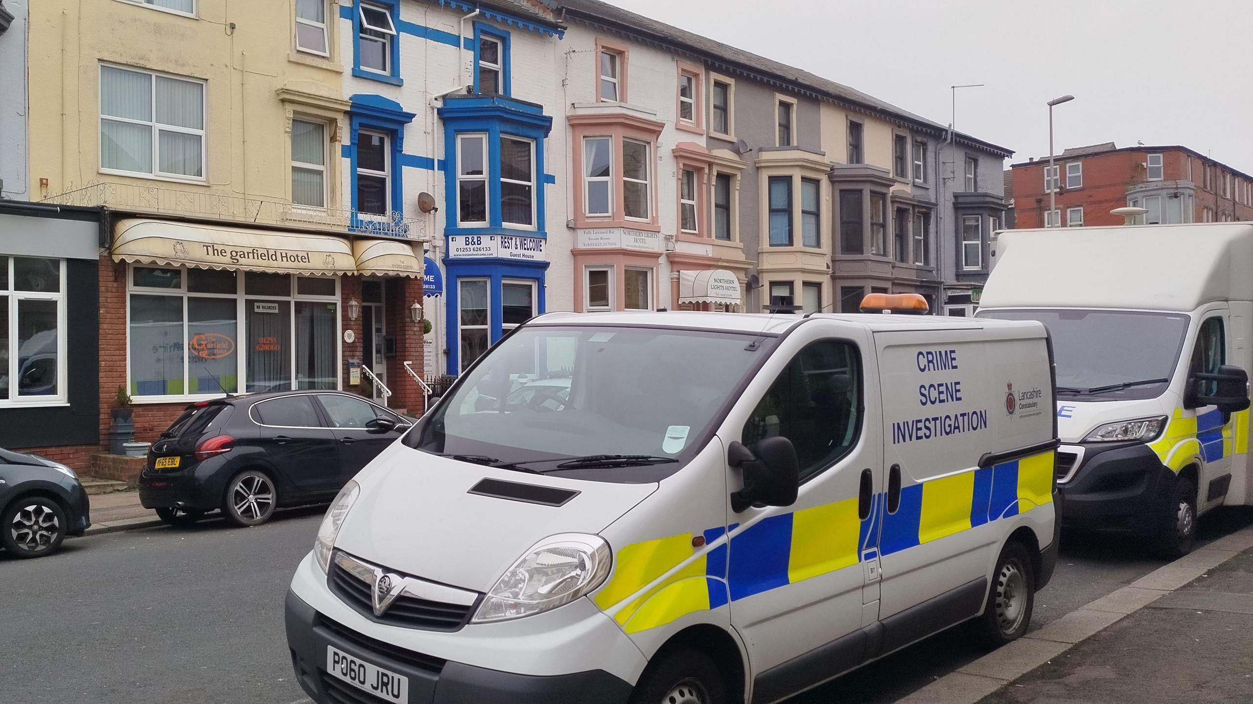 CSI van parked across the road from the Garfield Hotel in Springfield Road, Blackpool.