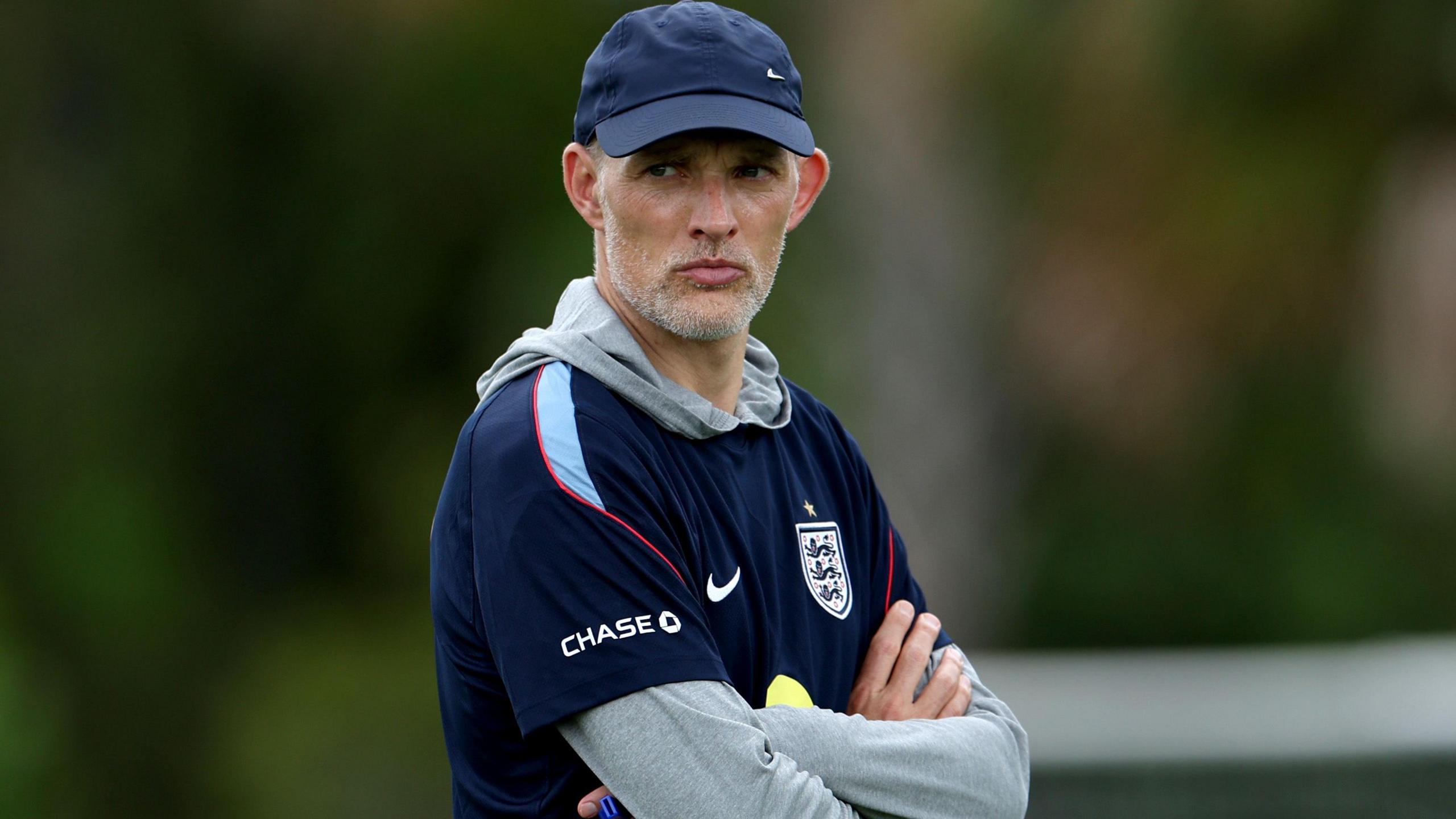 England manager Thomas Tuchel with his arms folded as he watches his players train in Florida