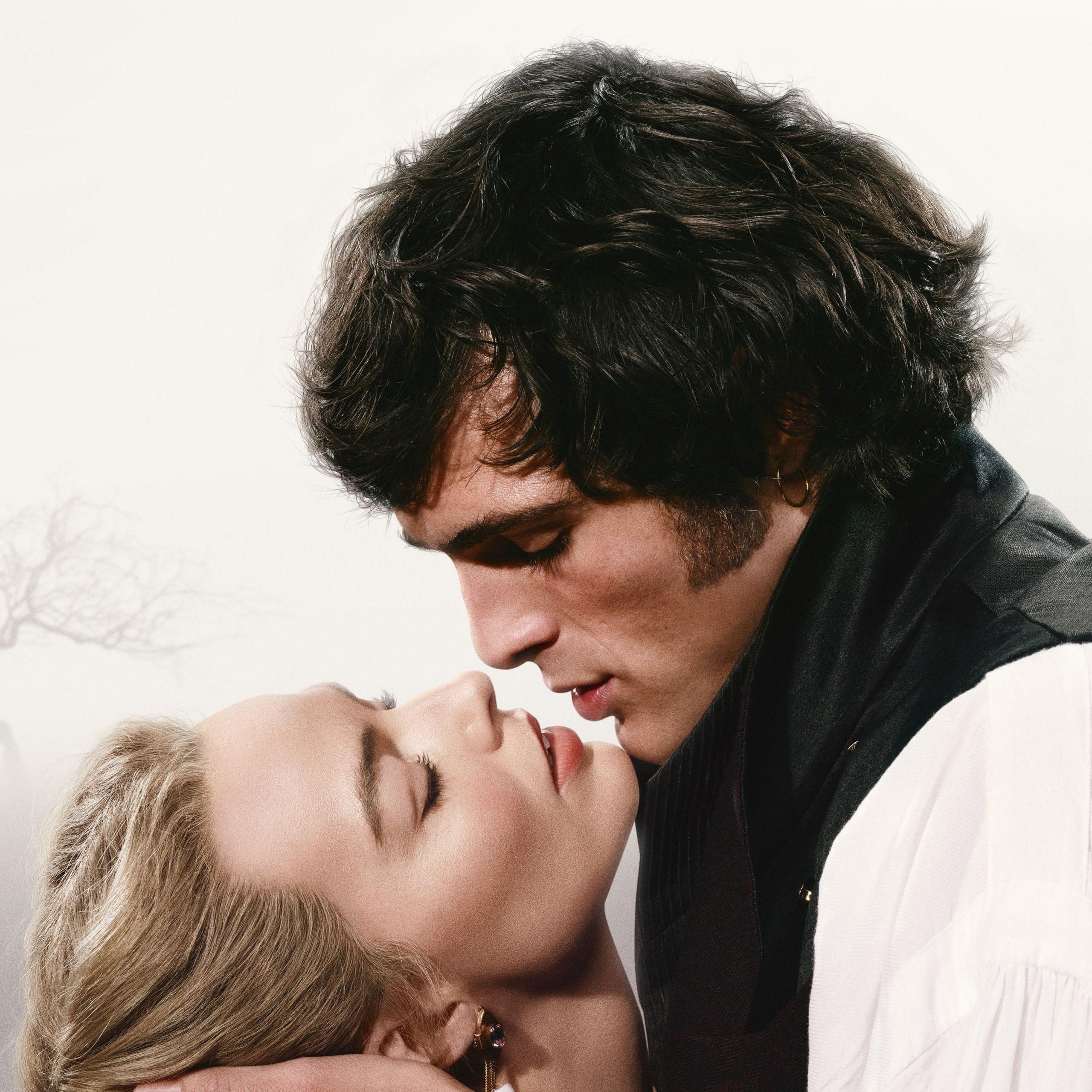 The Wuthering Heights promotional poster, with Margot Robbie as Catherine Earnshaw and Jacob Elordi as Heathcliff, in an embrace. It resembles the cover of a Mills and Boon novel in the 1970s or 80s, with Catherine's head thrown back in a swoon and Heathcliff standing over her, as if about to kiss her.
