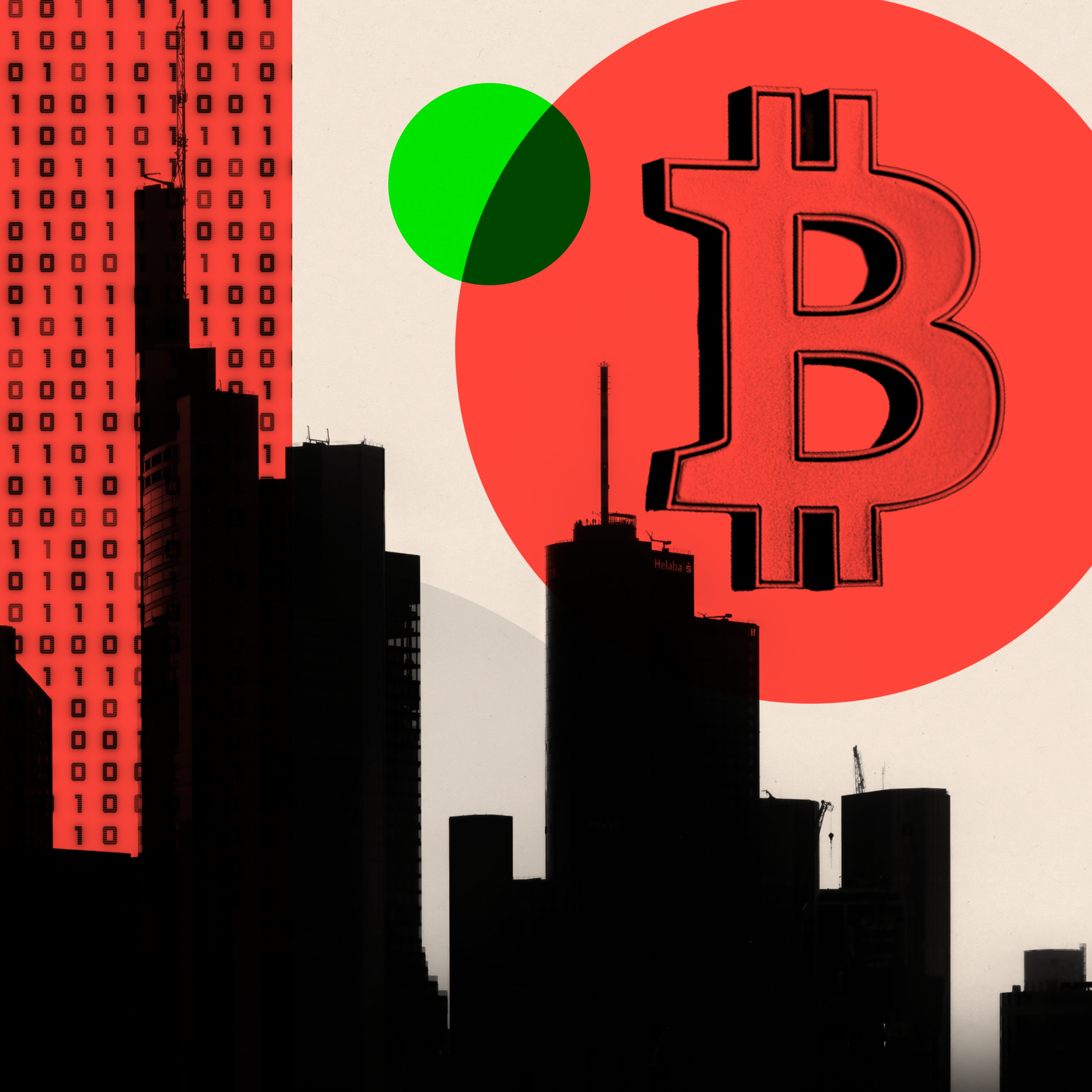 Skyline of a city with a Bitcoin logo