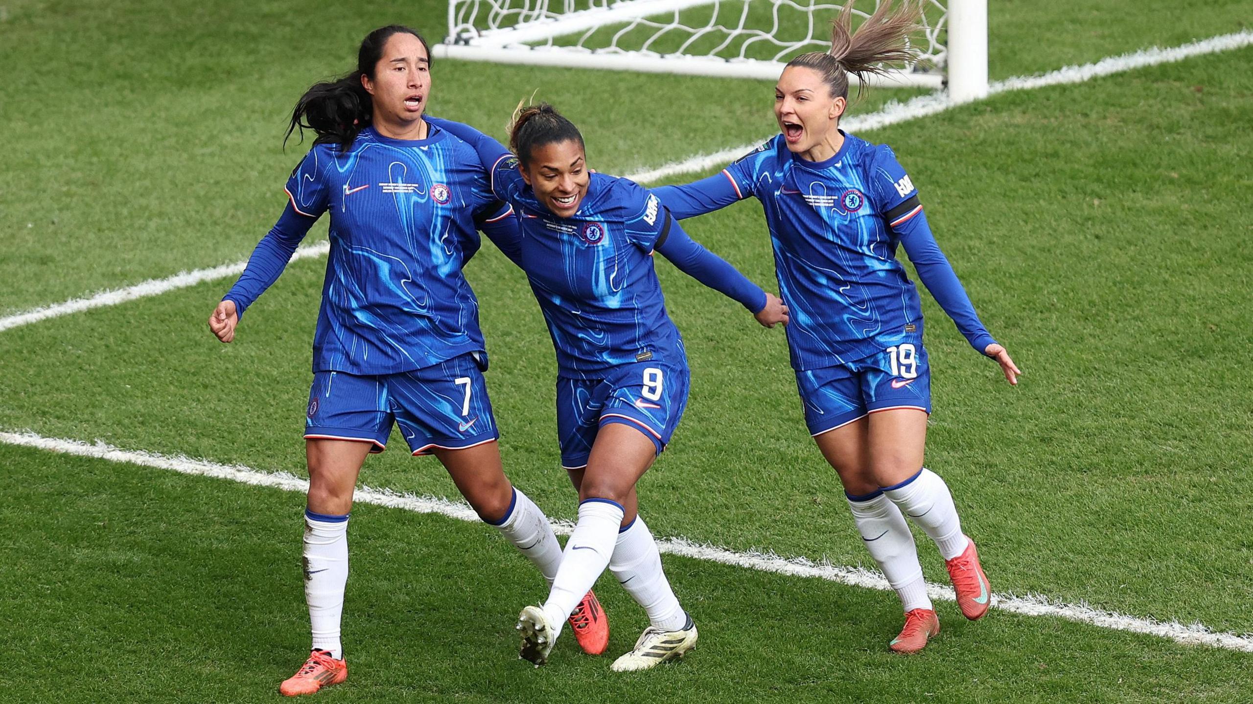 Mayra Ramirez, Catarina Macario and Johanna Rytting Kaneryd celebrate Chelsea's first goal