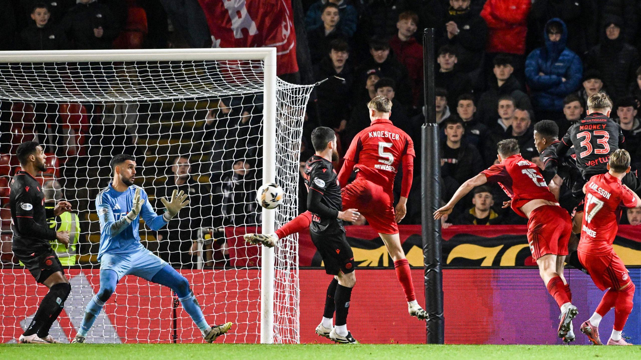 Richard King scores for St Mirren in their 3-3 draw at Pittodrie