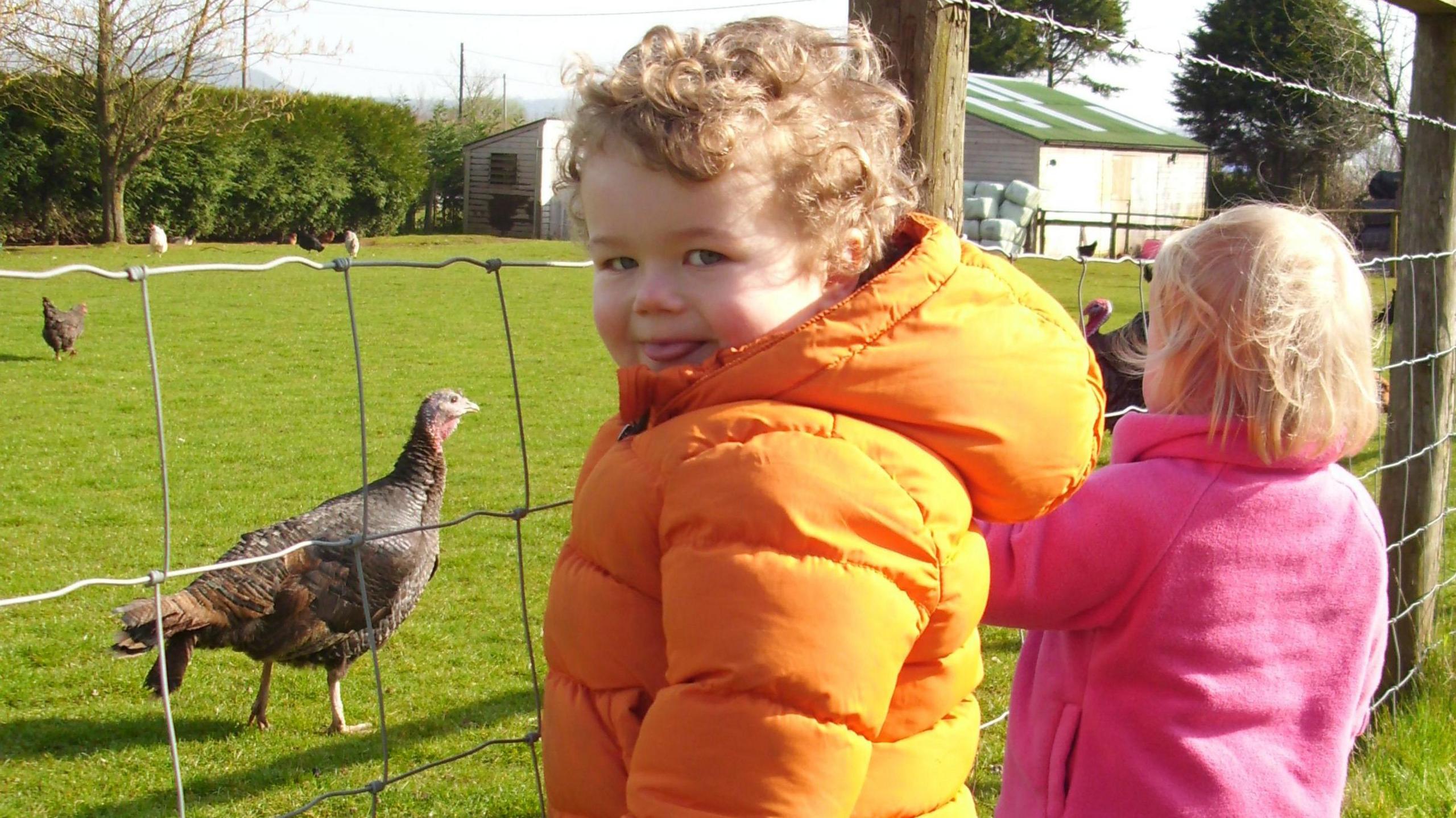 A young boy with curly blond hair wearing a bright orange padded jacket turns and smiles cheekily at the camera, while next to him is a fence and some turkeys strutting behind it. A younger girl with straight blond hair wearing a pink fleece stands next to him, with her face turned away from the camera.
