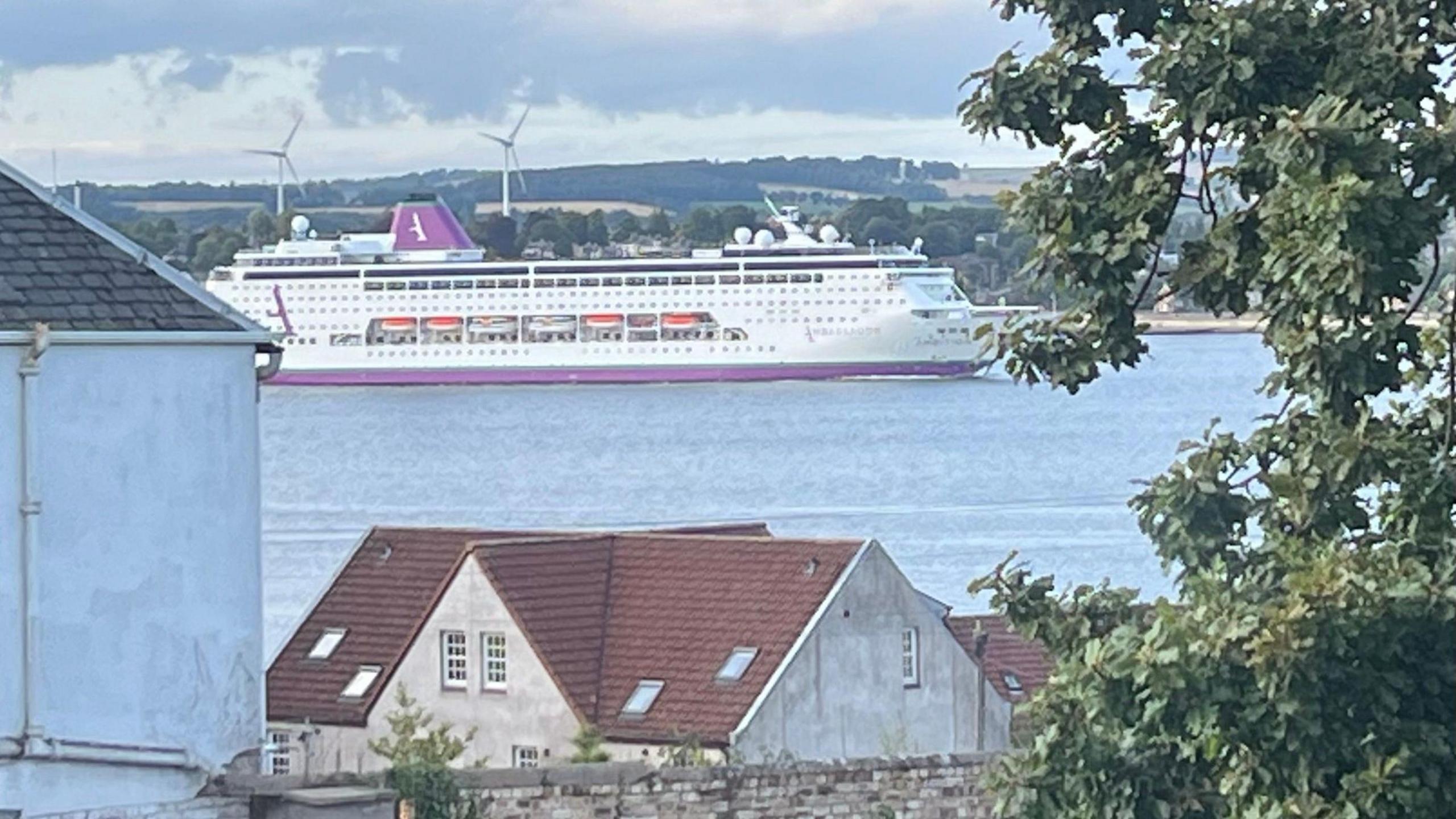 Large passenger ferry sailing with houses in the foreground and hills and wind farms in the background