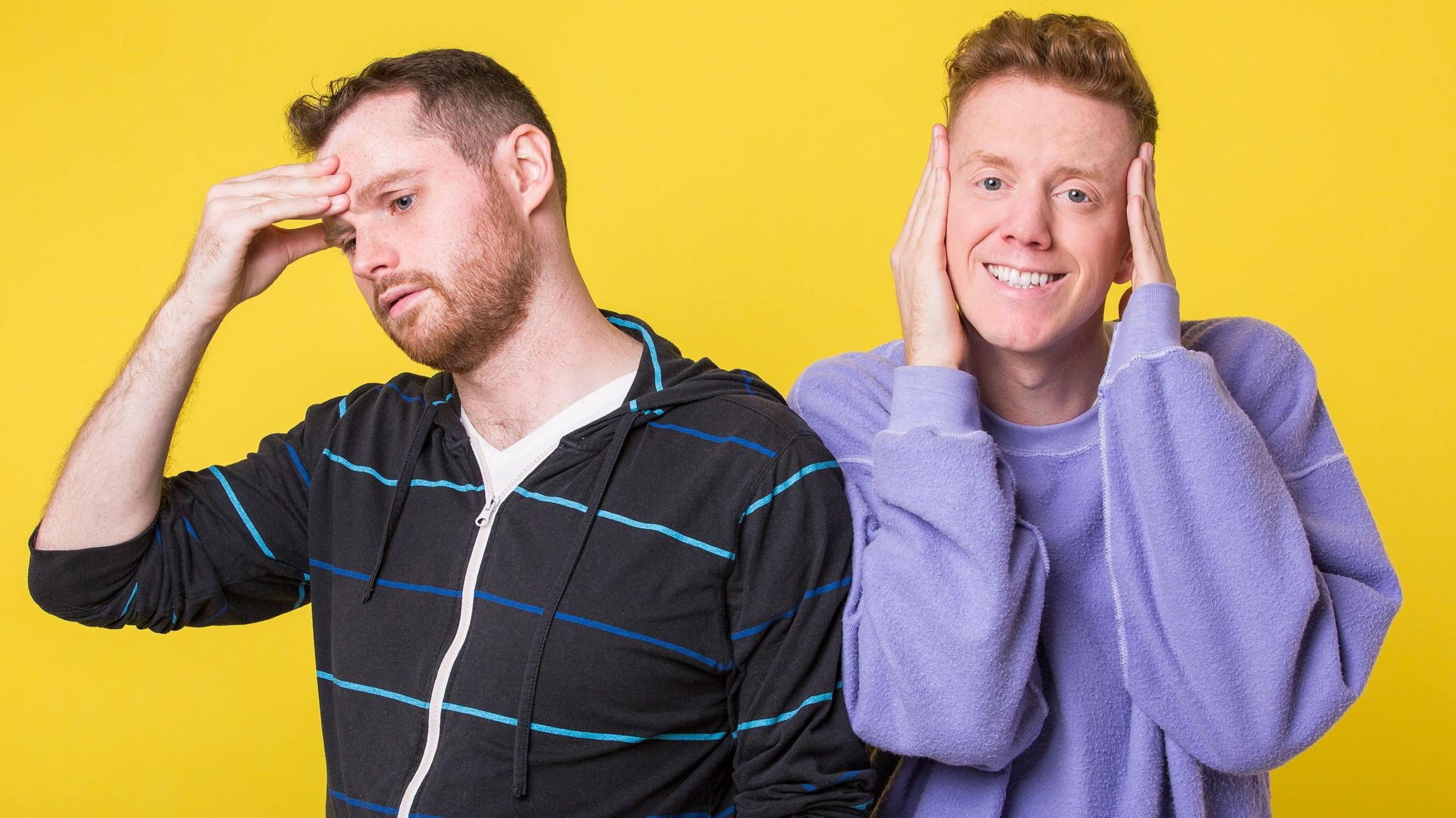 Dan Hudson (L) and James Barr (R) promotional image for their podcast A Gay and a Nongay. Dan has a short dark brown beard and hair and wears a dark black top with light blue and dark blue thin stripes. James has longer dark hair, about a couple of inches long, and wears a lavender coloured top.