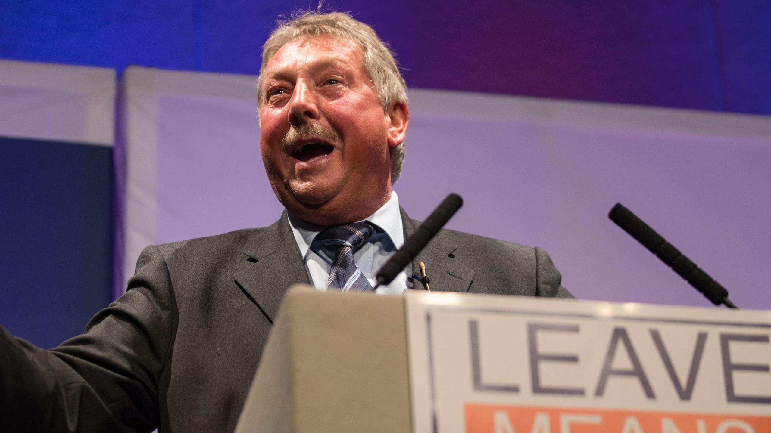 Sammy Wilson speaking at a 'Leave Means Rally'