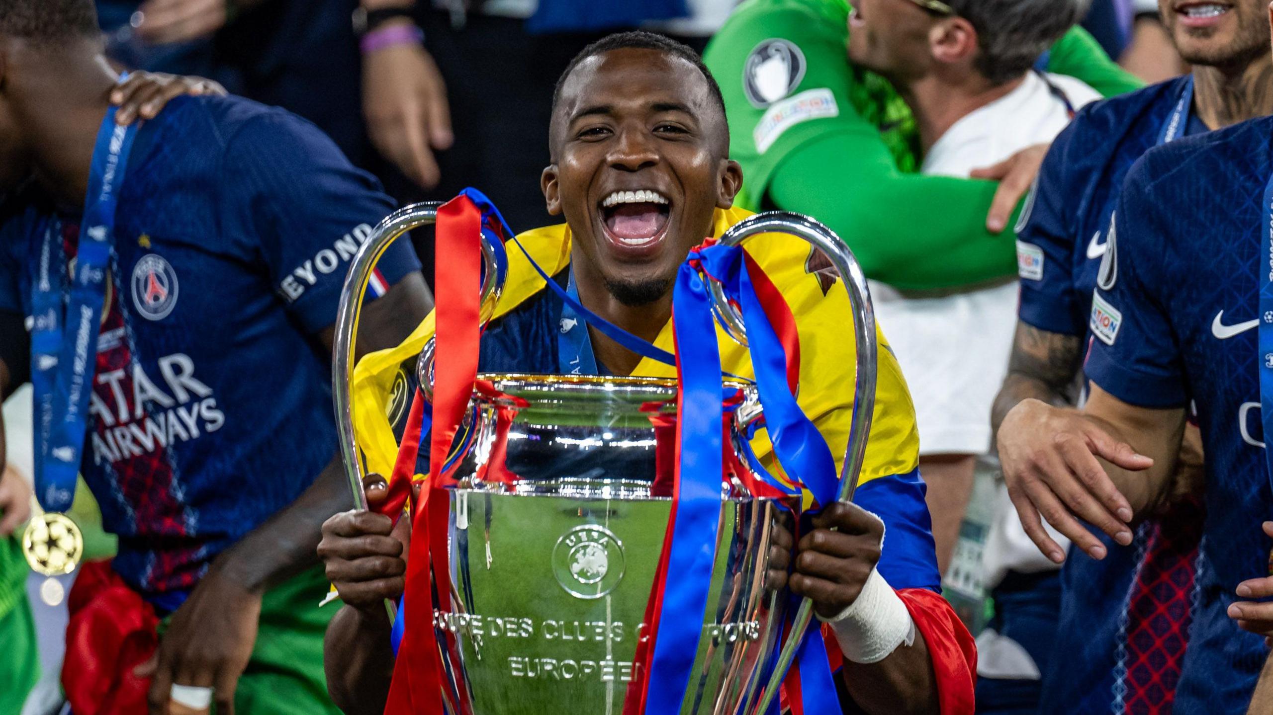 Willian Pacho lifts the 2026 Champions League trophy