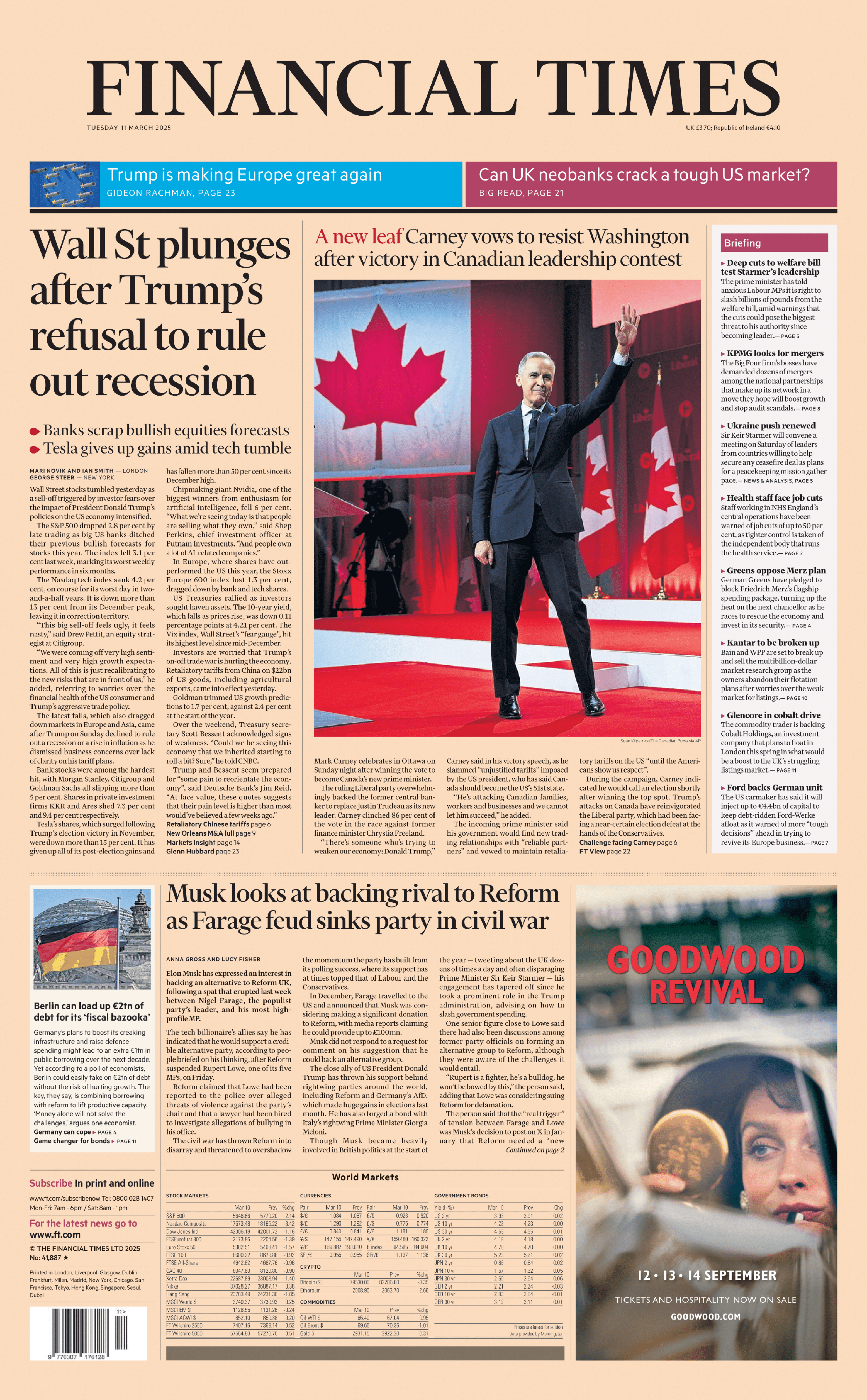 The headline on the front page of the Financial Times reads: Wall St plunges after Trump's refusal to rule out recession