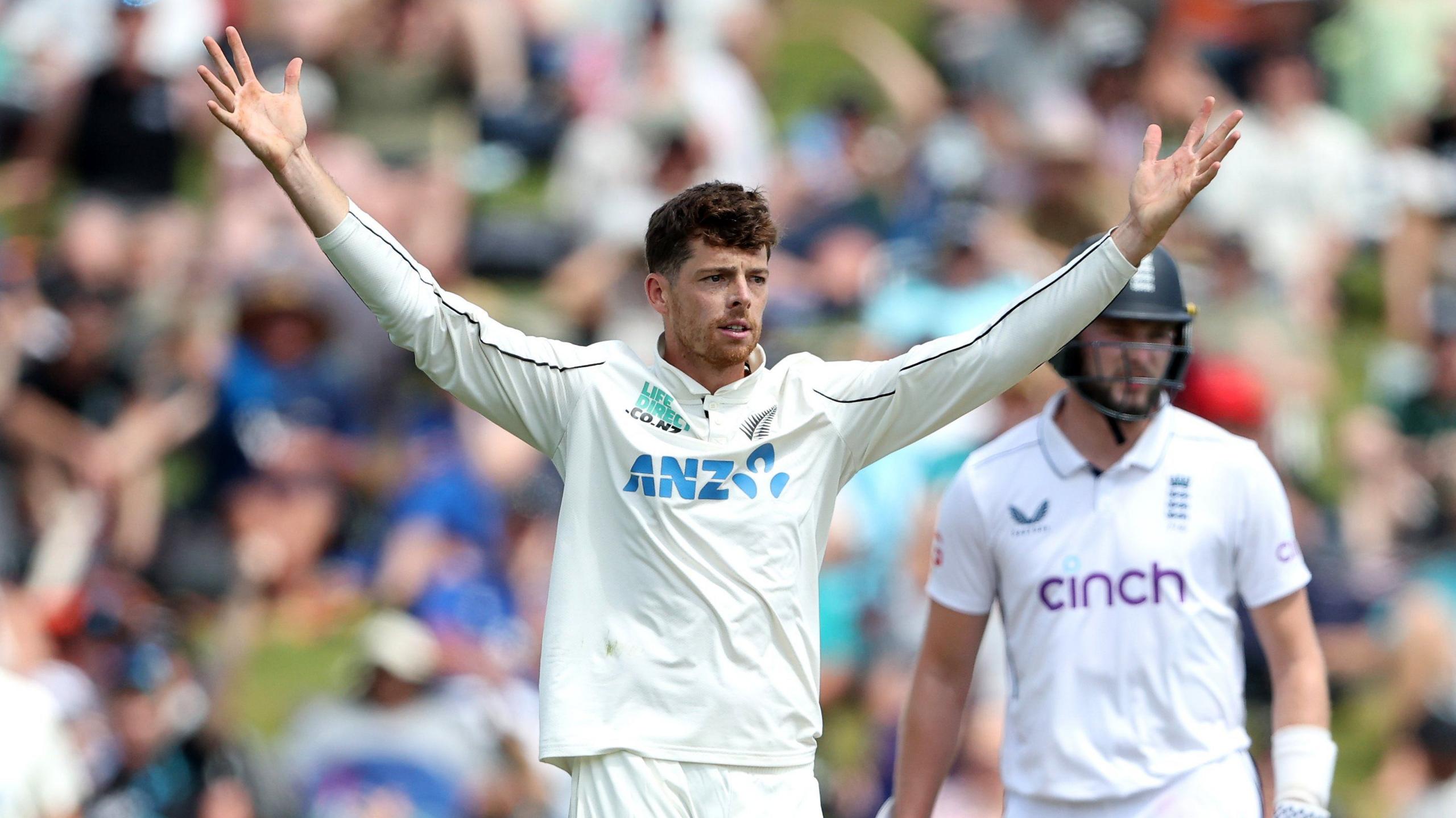 New Zealand bowler Mitchell Santner appeals