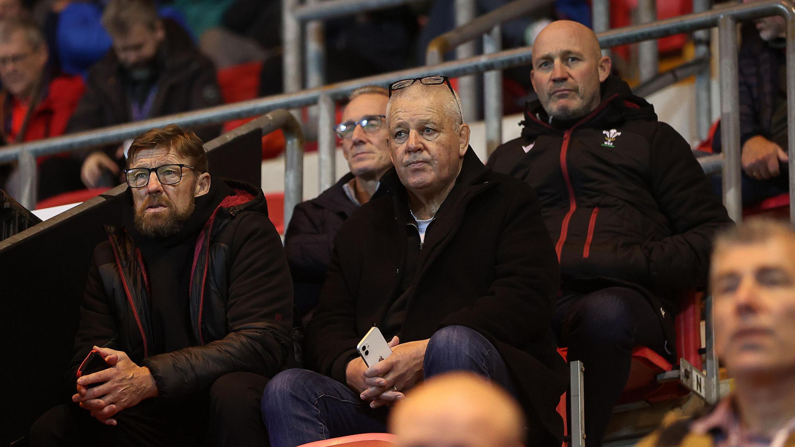 Wales coaches Mike Forshaw, Rob Howley, Warren Gatland and Alex Kingin the stand