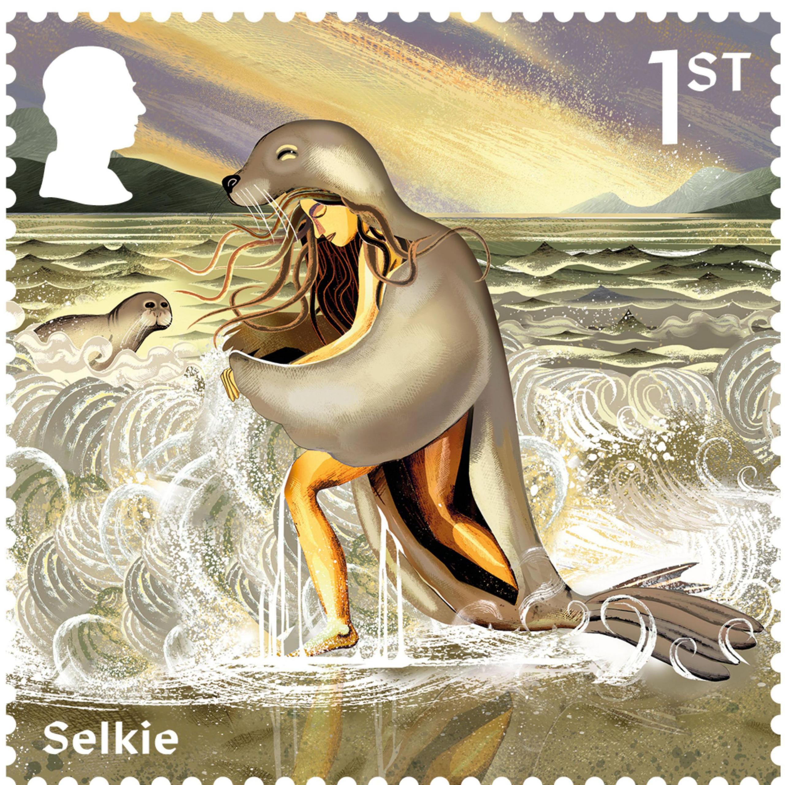 New stamp shows an illustration of a Selkie - a woman emerges from the sea wearing a seal skin over her body. 