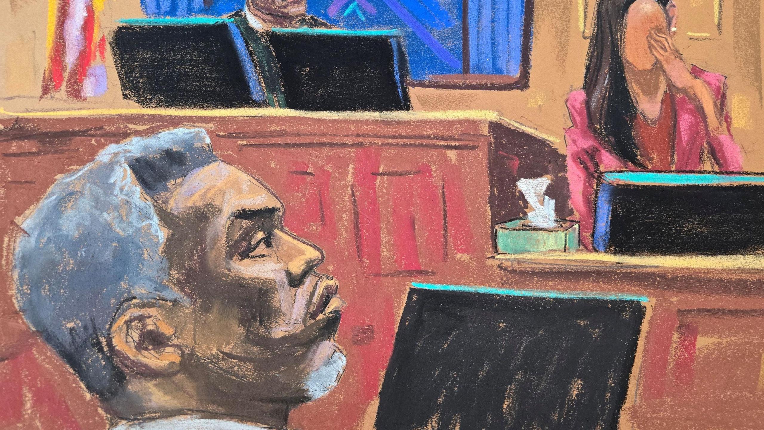 Sean "Diddy" Combs listens as "Jane" continues her testimony during Combs' sex trafficking trial in New York City,