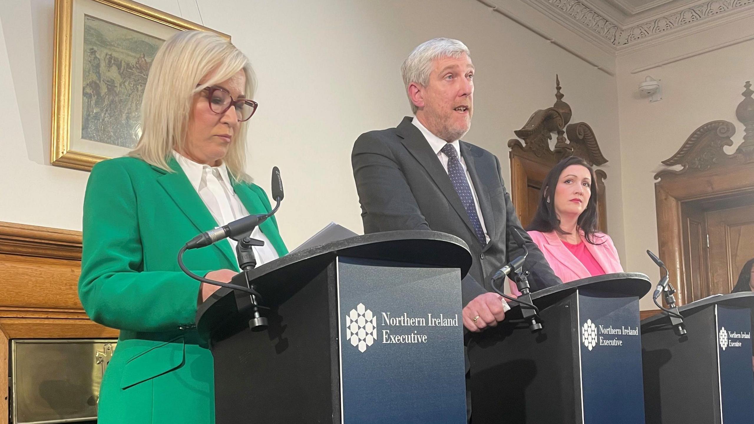 Northern Ireland First Minister Michelle O'Neill, Infrastructure Minister John O'Dowd and deputy First Minister Emma Little-Pengelly speaking at a press conference at Stormont Castle