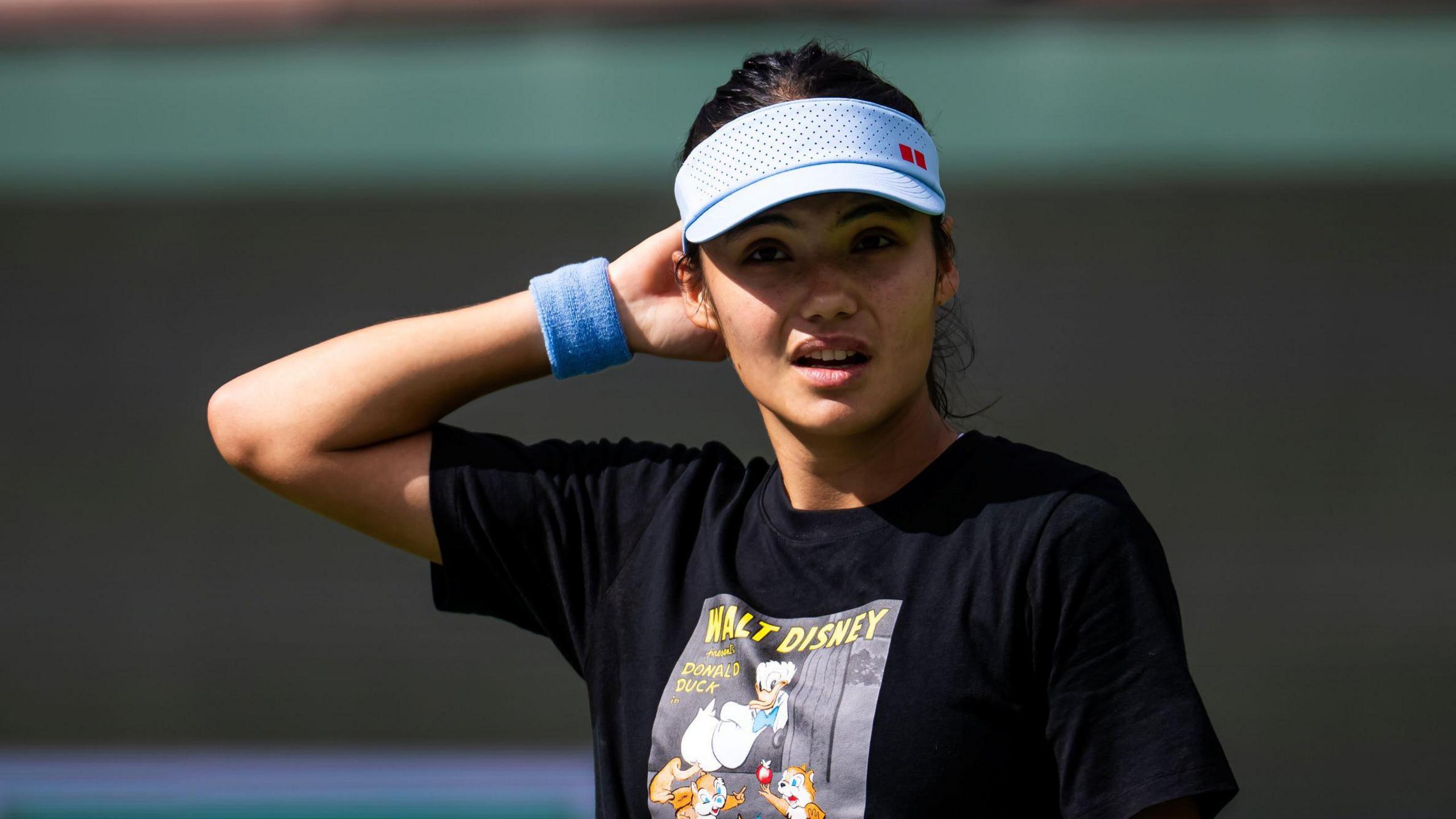 Emma Raducanu reacts during practice at Indian Wells