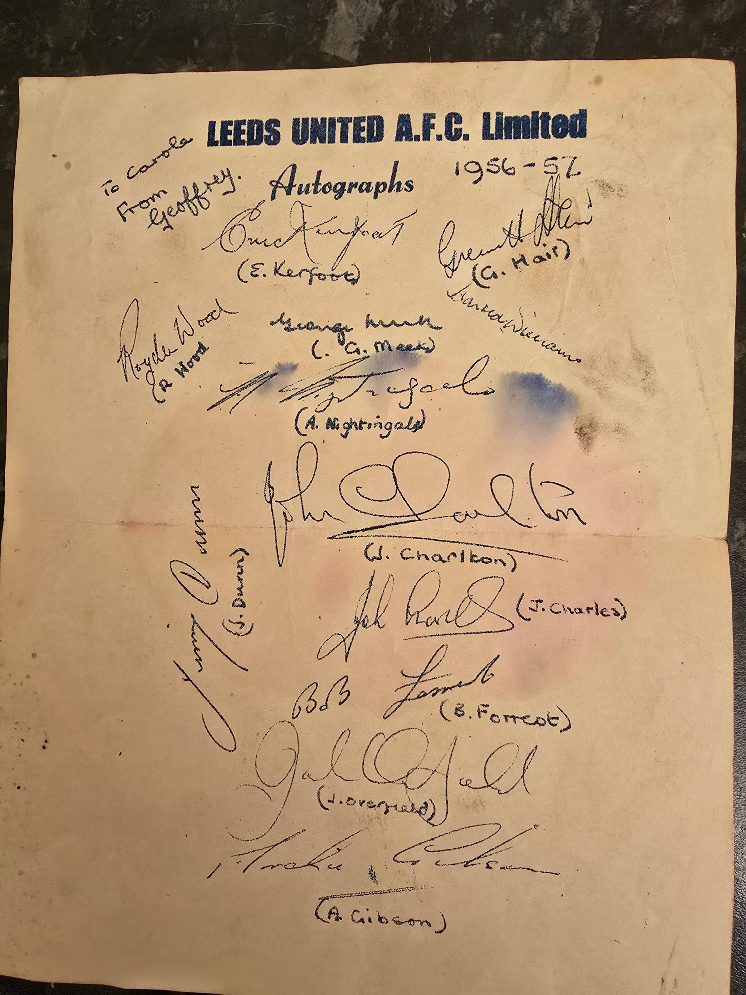 An autographed listing of the 1956-57 Leeds United team.