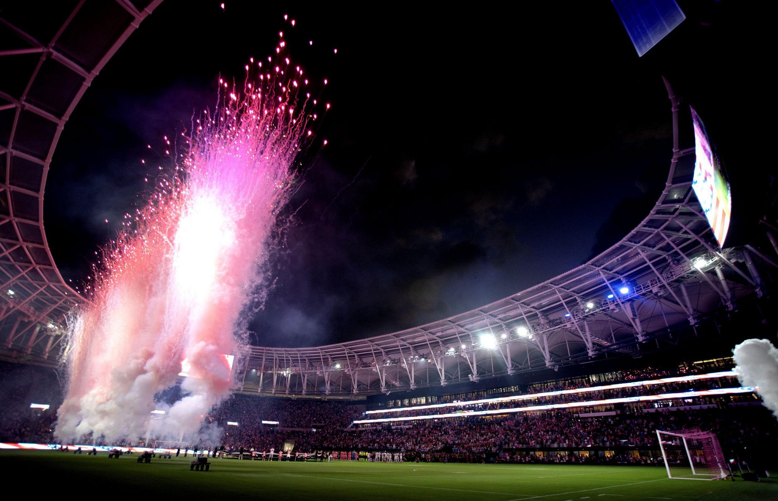 A view of Inter Miami's new stadium as fireworks are let off before kick-off