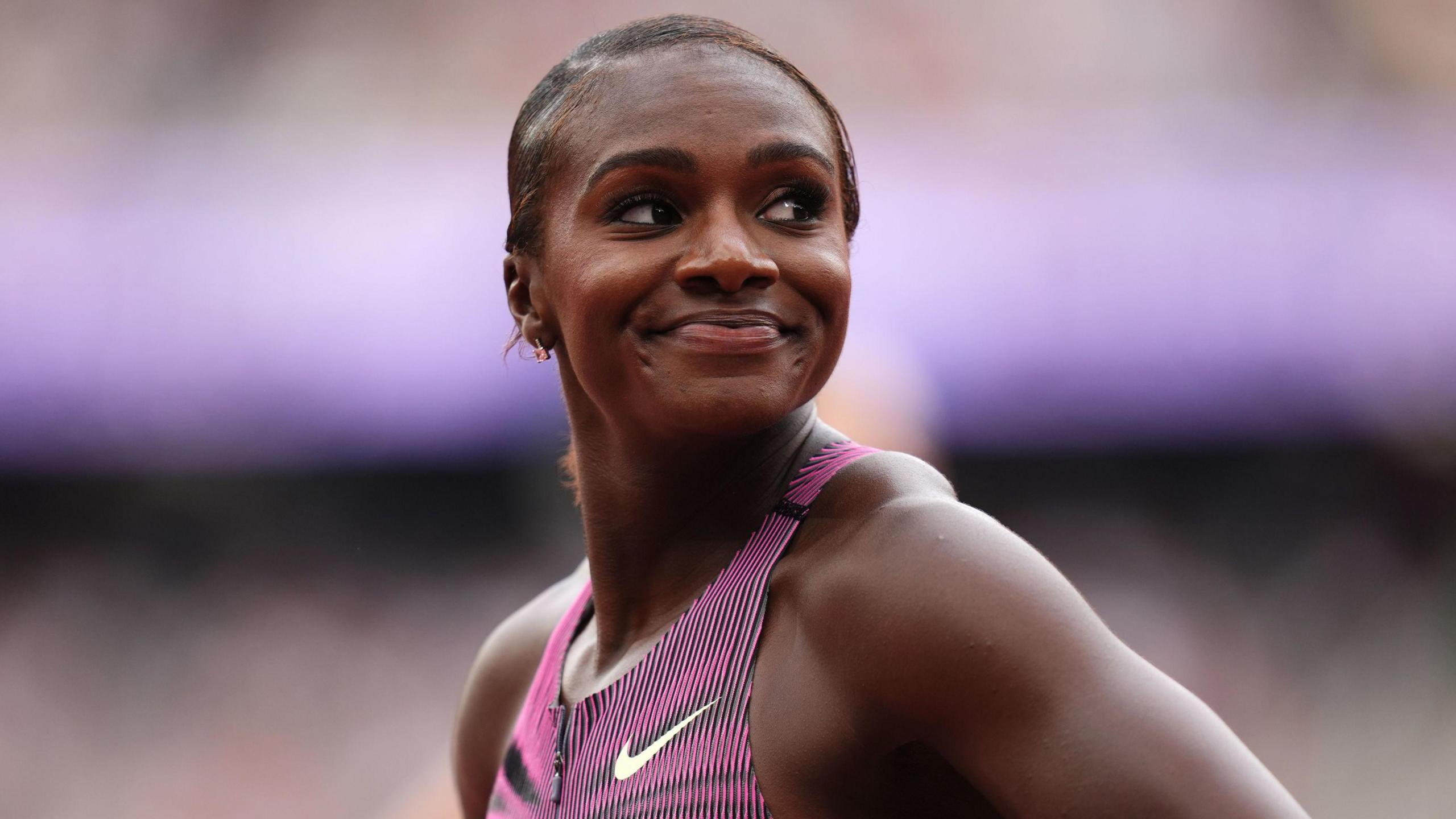 Dina Asher-Smith after the Women's 200m during the London Athletics Meet at the London Stadium.