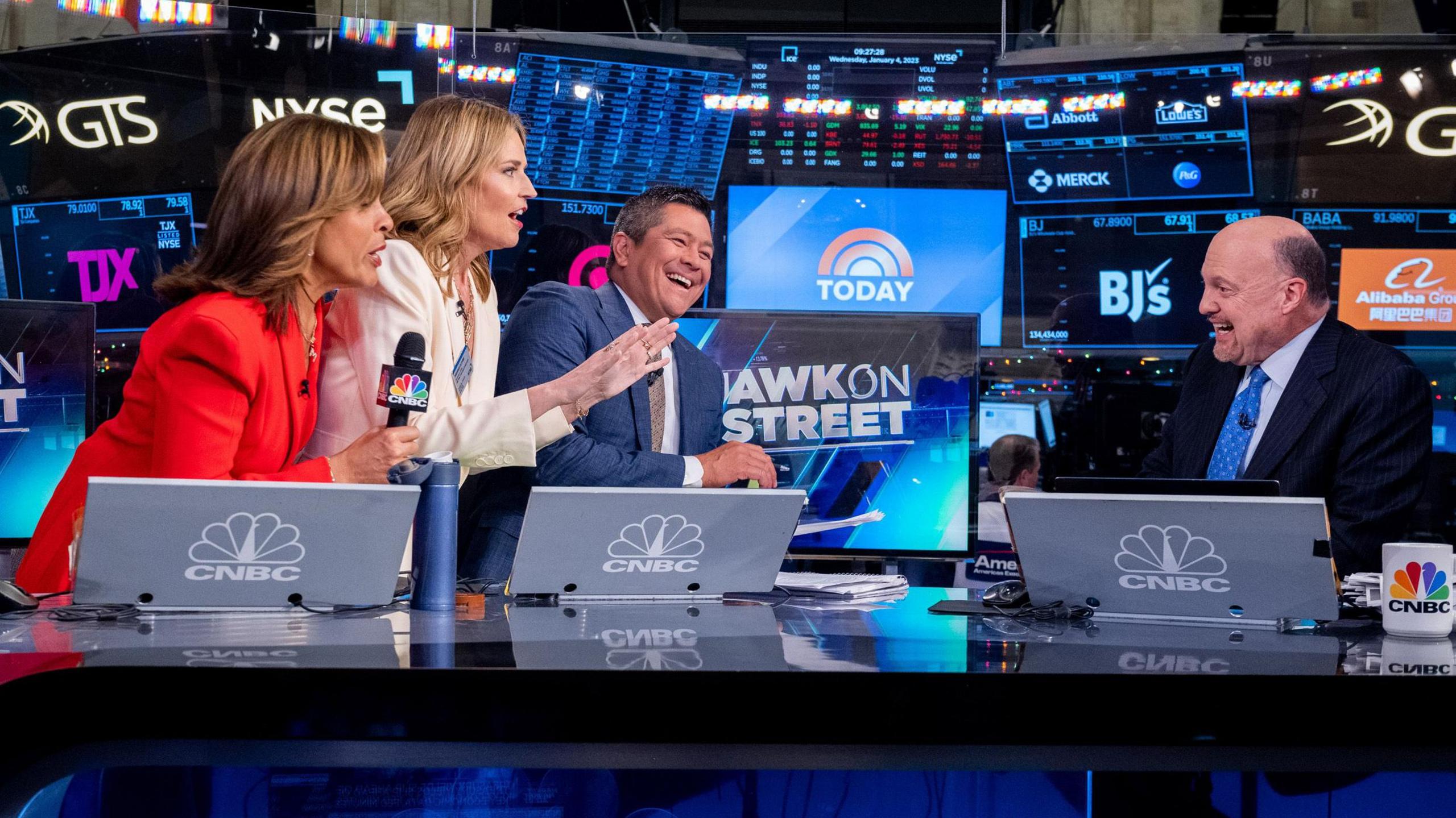 Hoda Kotb, Savannah Guthrie, Jim Cramer and Carl Quintanilla at New York Stock Exchange studio of CNBC's Squawk on the Street show.
