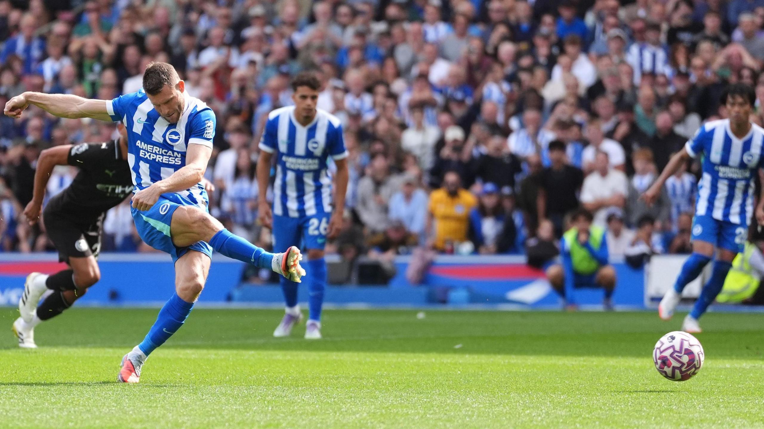 James Milner scores a penalty for Brighton against Manchester City in the Premier League