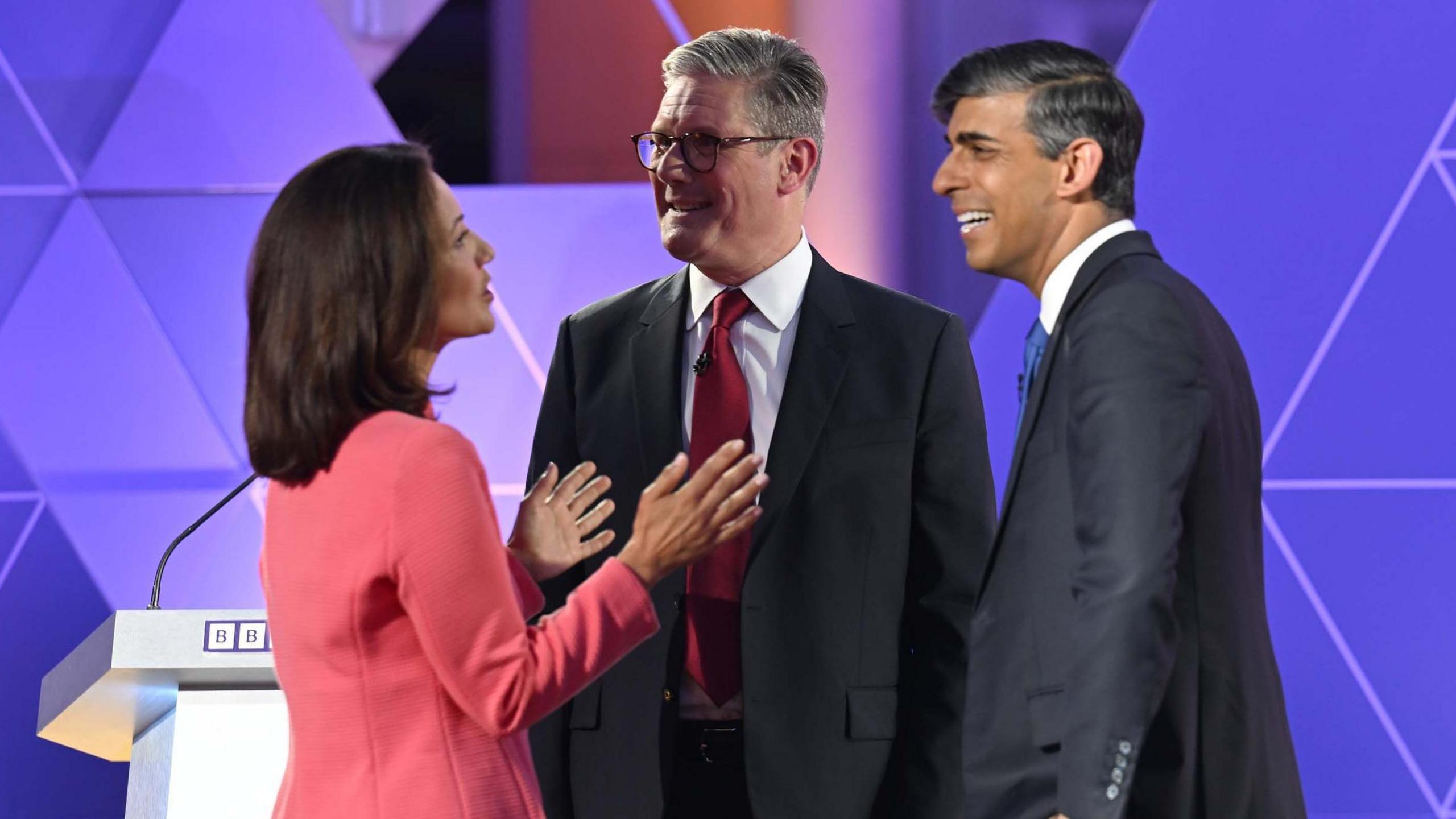 Mishal Husain with Keir Starmer and Rishi Sunak following the recent leaders' debate